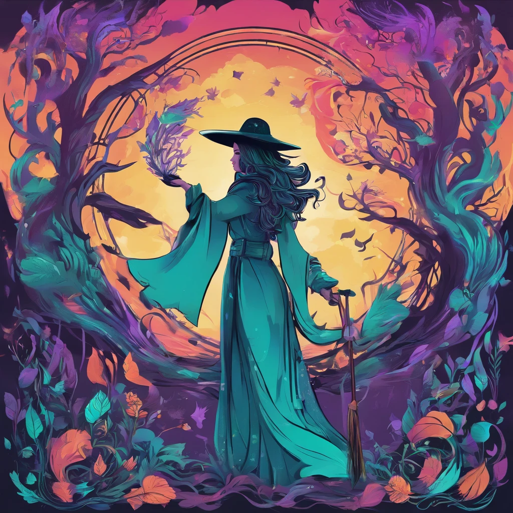 (best quality,4k,8k,highres,masterpiece:1.2),ultra-detailed,(realistic,photorealistic,photo-realistic:1.37),witch,casting spells,blue green purple hues,goddess,whimsical,magical,beautiful,enchanted garden,full moon,nature elements,floating petals and leaves,mystical energy,sorceress holding a staff,flowing robes,mysterious shadows,dreamy atmosphere,vibrant colors,elegant pose,celestial background,ethereal glow