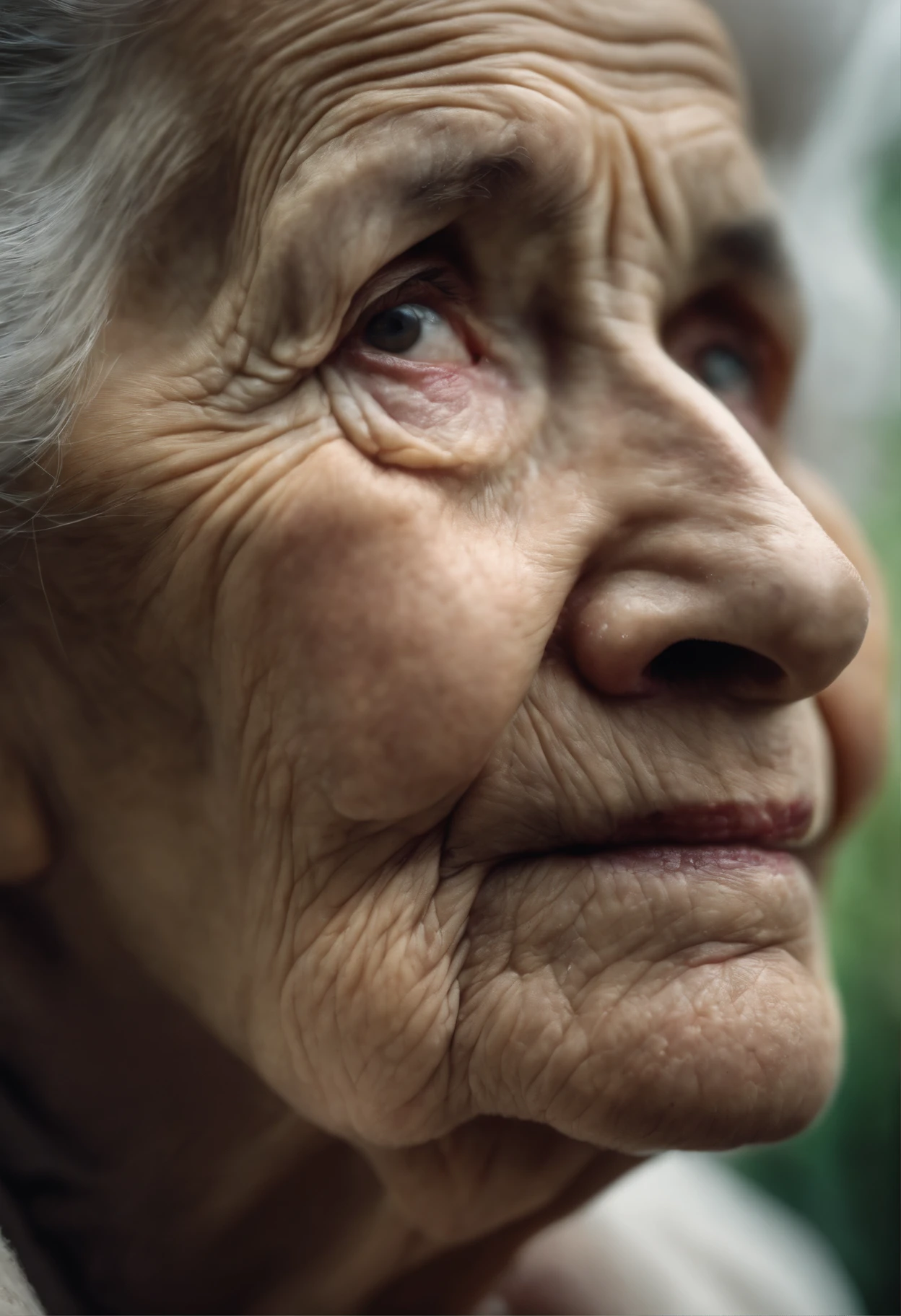 Create an image of a very old lady with a sad expression and a large wart on her nose high quality, foto realista,4k