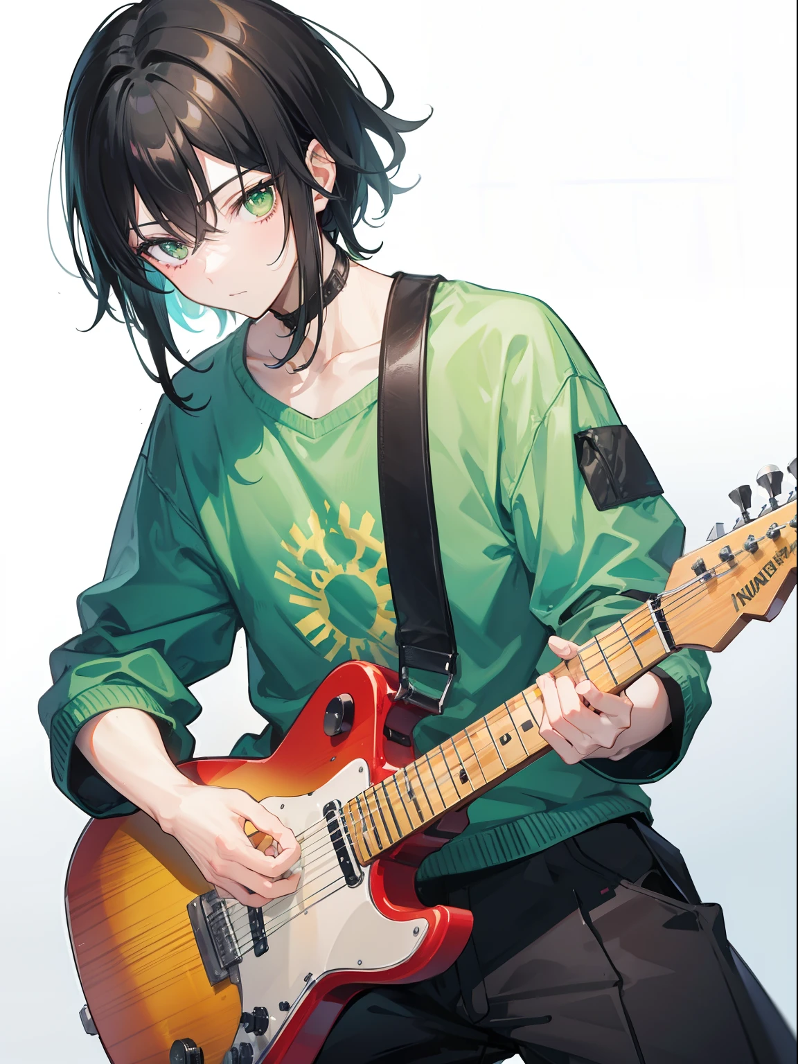 Male, black hair, green eyes, playing guitar