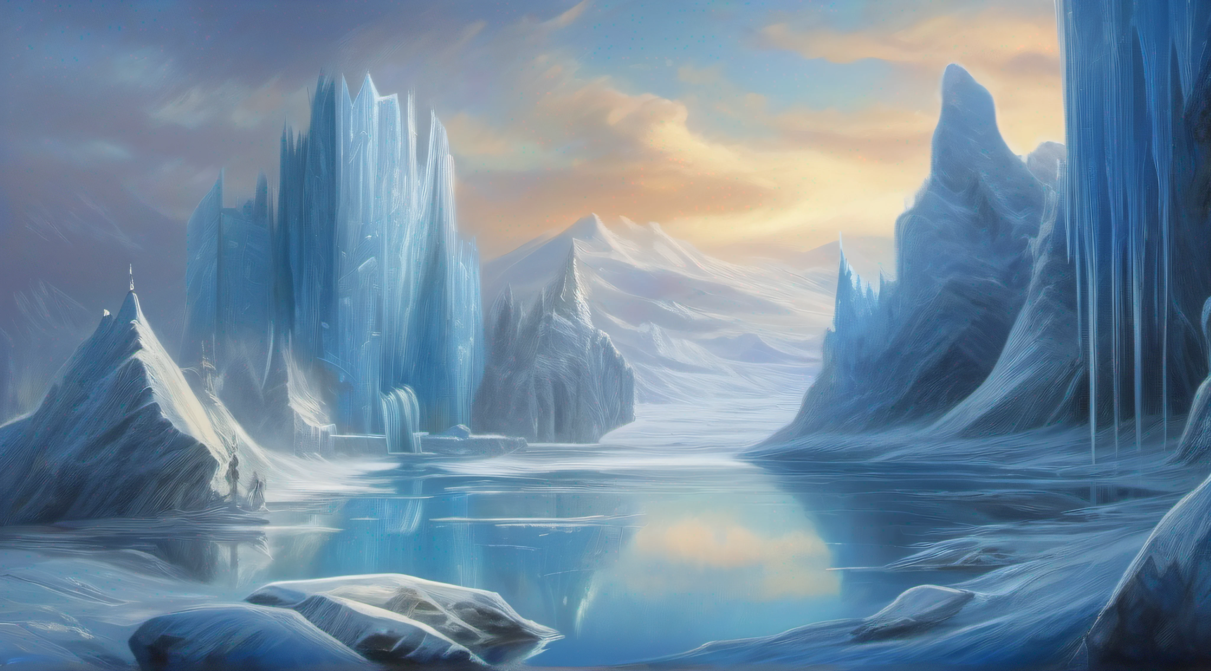Big Ice Castle, surreal frozen landscape, Ice City, icy landscape, ice planet, Icy tundra, ice cream, Ice mine, Icebergs in the distance, Blue-Ice, Glacial lakes form bridges with interconnected ice cliffs,The blue tower leading to the center, Water Kingdom, Ultra-realistic, Ultra-detailed, High fantasy
Information