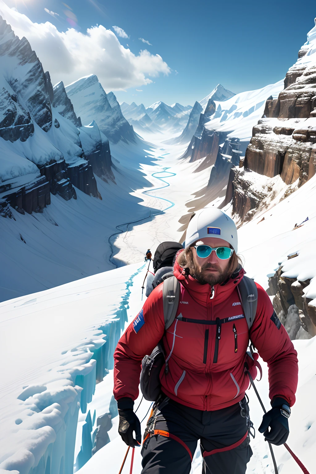 (8K, 16 k, awardwinning, Best quality, A high resolution, Super detail,ultra - detailed, Anatomically correct, masutepiece),snow mountains, Intrepid climbers on the cliffs challenge the summit of the iceberg in winter gear, (2 Men: 1.2), (Manlock climb: 1.4), ice axe, lifeline, Backpack, Polarized glasses, Icefall, Harnes,Cannabis rope, crochet, Vertical rock walls,dangers,Thrilling,The background is rolling snow-capped mountains,
