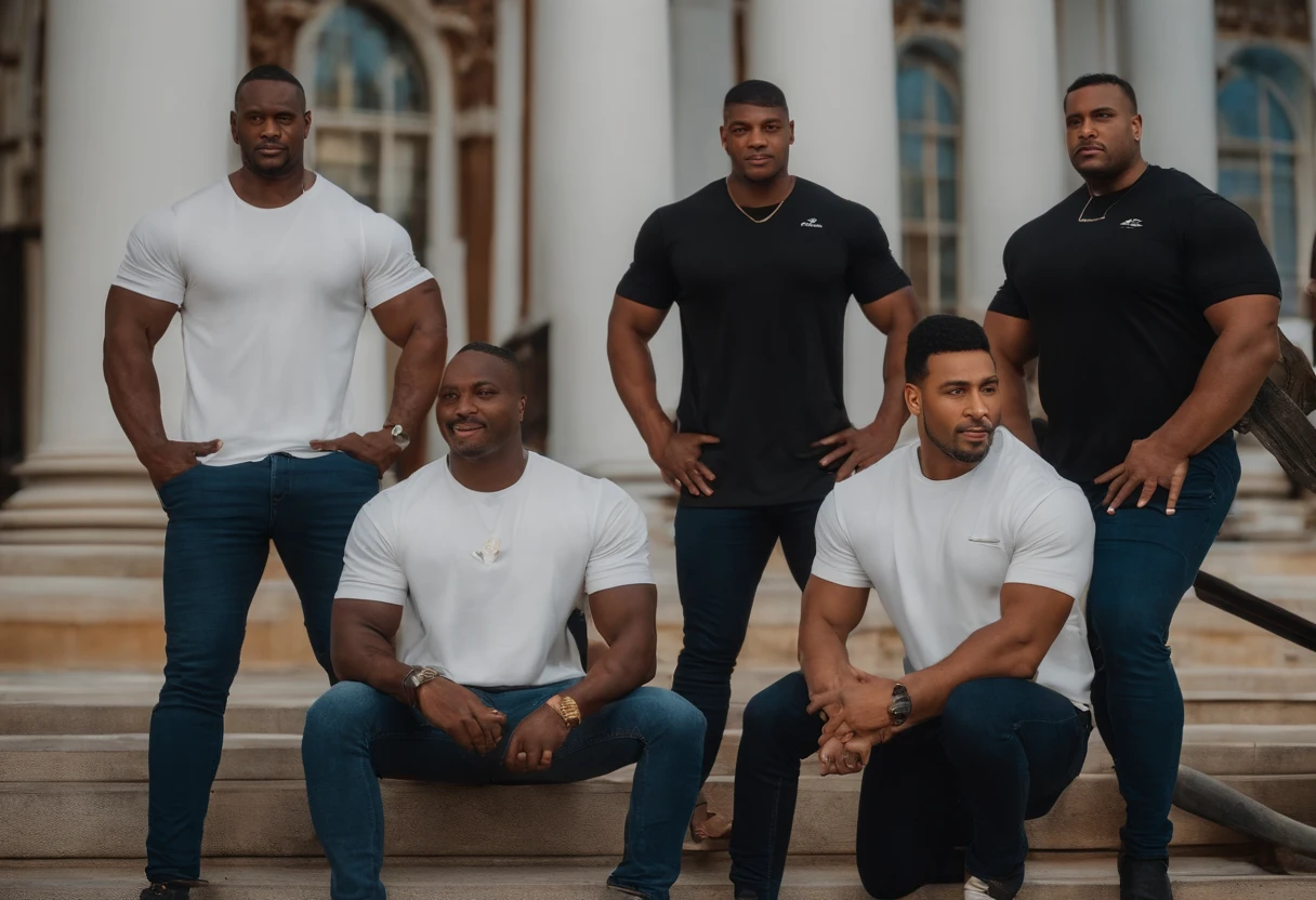 5 homens,Quatro guarda-costas robustos de terno estavam em fila. O homem faz o gesto de falar com o dedo na frente do dedo,Wear a simple pair of t-shirt jeans,The four bodyguards had grave expressions,full-body view