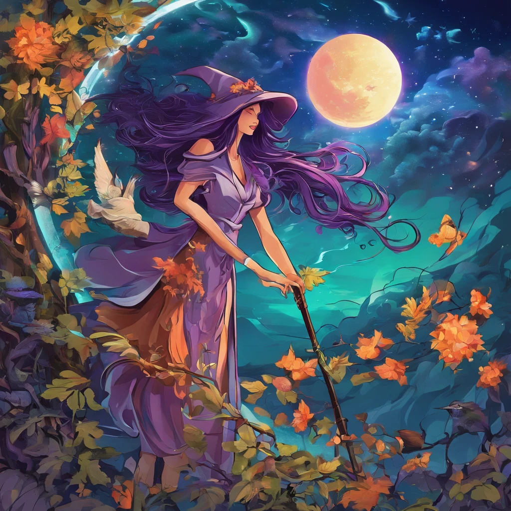 (best quality,4k,8k,highres,masterpiece:1.2),ultra-detailed,(realistic,photorealistic,photo-realistic:1.37),witch,casting spells,blue green purple hues,goddess,whimsical,magical,beautiful,enchanted garden,full moon,nature elements,floating petals and leaves,mystical energy,sorceress holding a staff,flowing robes,mysterious shadows,dreamy atmosphere,vibrant colors,elegant pose,celestial background,ethereal glow