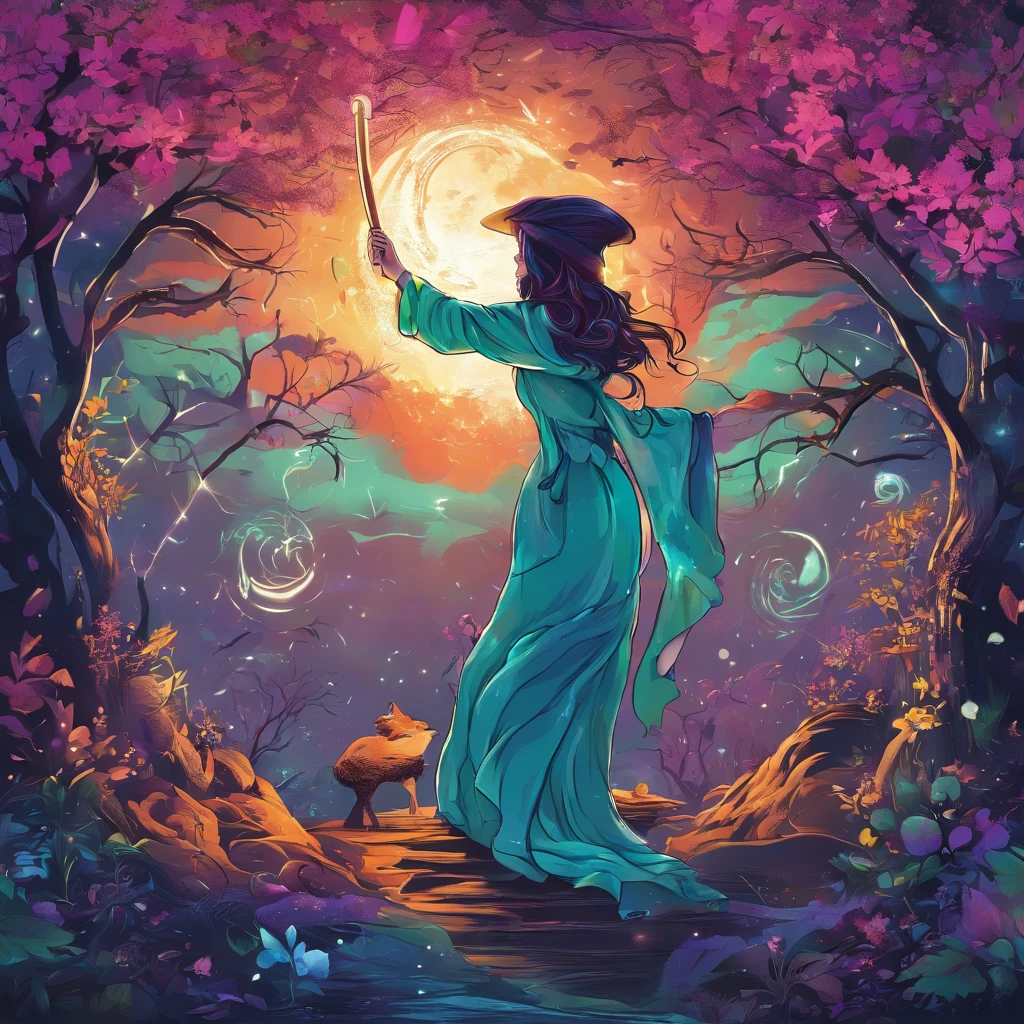 (best quality,4k,8k,highres,masterpiece:1.2),ultra-detailed,(realistic,photorealistic,photo-realistic:1.37),witch,casting spells,blue green purple hues,goddess,whimsical,magical,beautiful,enchanted garden,full moon,nature elements,floating petals and leaves,mystical energy,sorceress holding a staff,flowing robes,mysterious shadows,dreamy atmosphere,vibrant colors,elegant pose,celestial background,ethereal glow