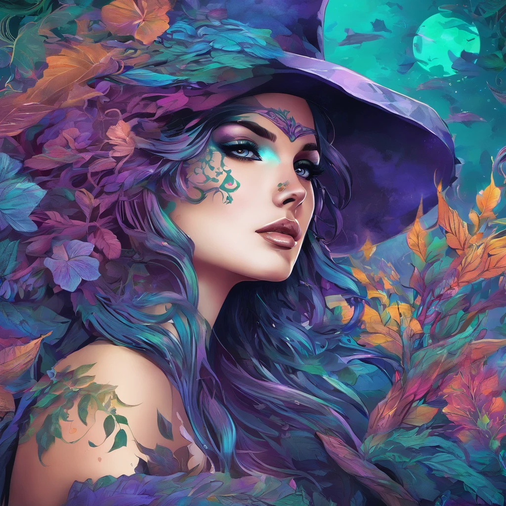 (best quality,4k,8k,highres,masterpiece:1.2),ultra-detailed,(realistic,photorealistic,photo-realistic:1.37),witch,casting spells,blue green purple hues,goddess,whimsical,magical,beautiful,enchanted garden,full moon,nature elements,floating petals and leaves,mystical energy,sorceress holding a staff,flowing robes,mysterious shadows,dreamy atmosphere,vibrant colors,elegant pose,celestial background,ethereal glow