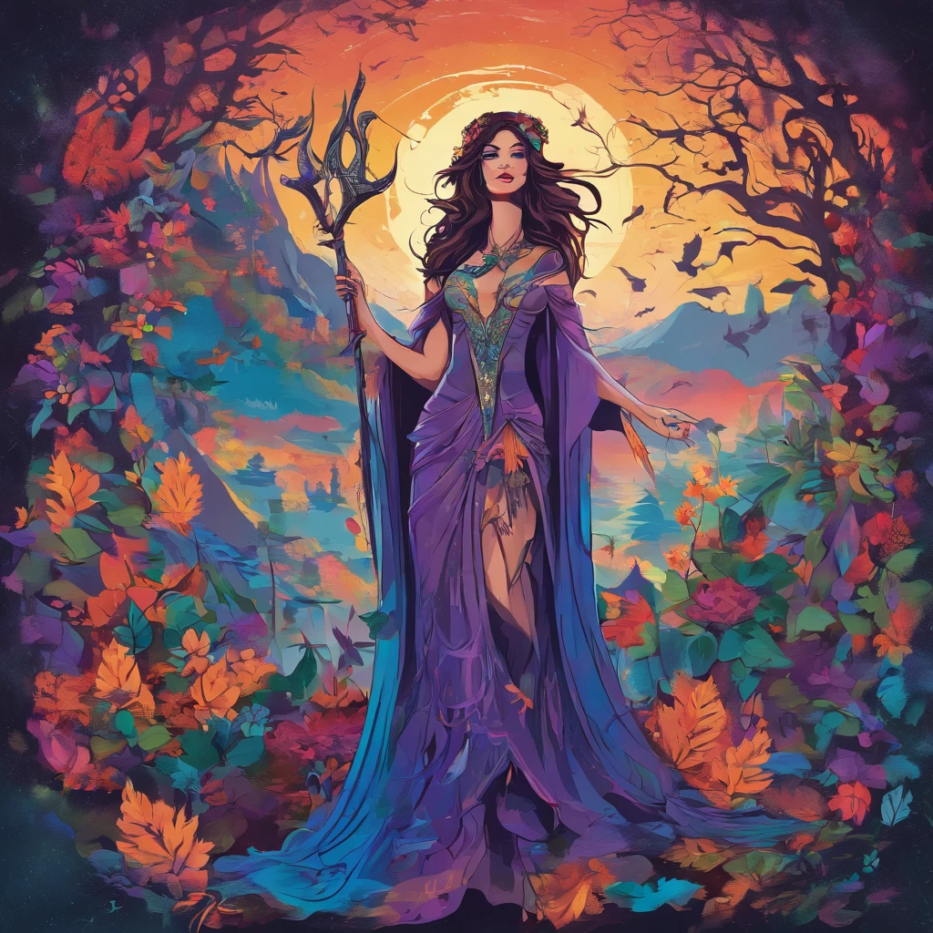 (best quality,4k,8k,highres,masterpiece:1.2),ultra-detailed,(realistic,photorealistic,photo-realistic:1.37),witch,casting spells,blue green purple hues,goddess,whimsical,magical,beautiful,enchanted garden,full moon,nature elements,floating petals and leaves,mystical energy,sorceress holding a staff,flowing robes,mysterious shadows,dreamy atmosphere,vibrant colors,elegant pose,celestial background,ethereal glow