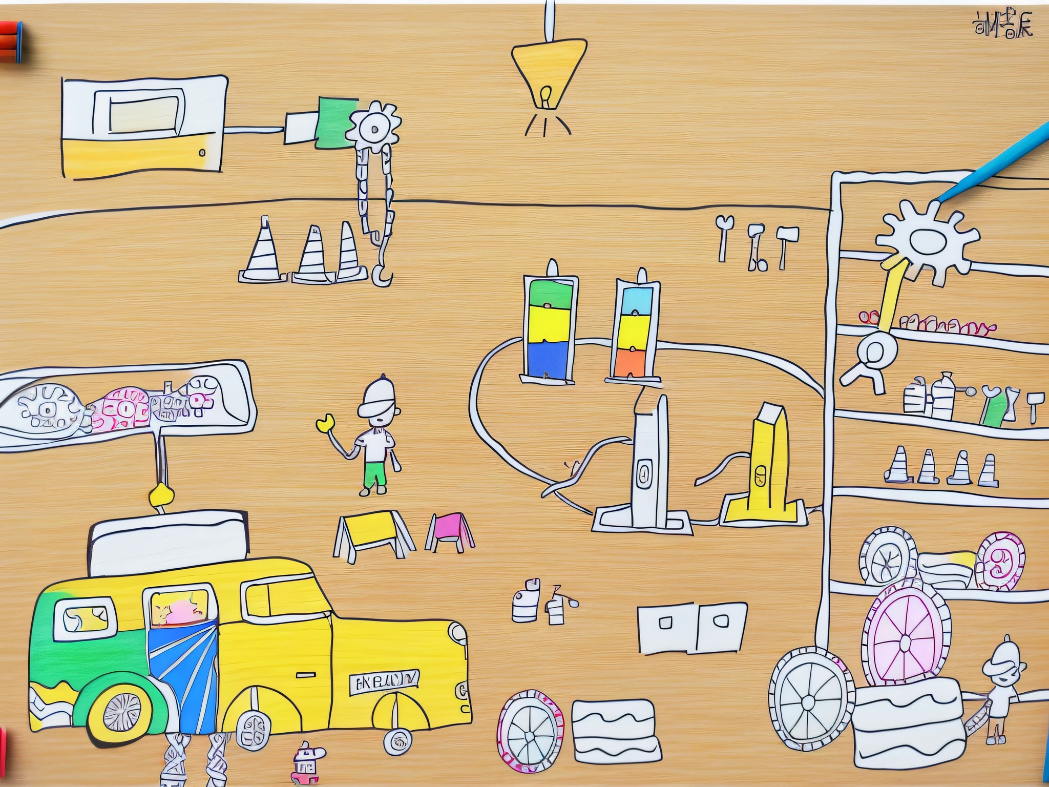 Line drawings are colored，Hand drawn for children，mills