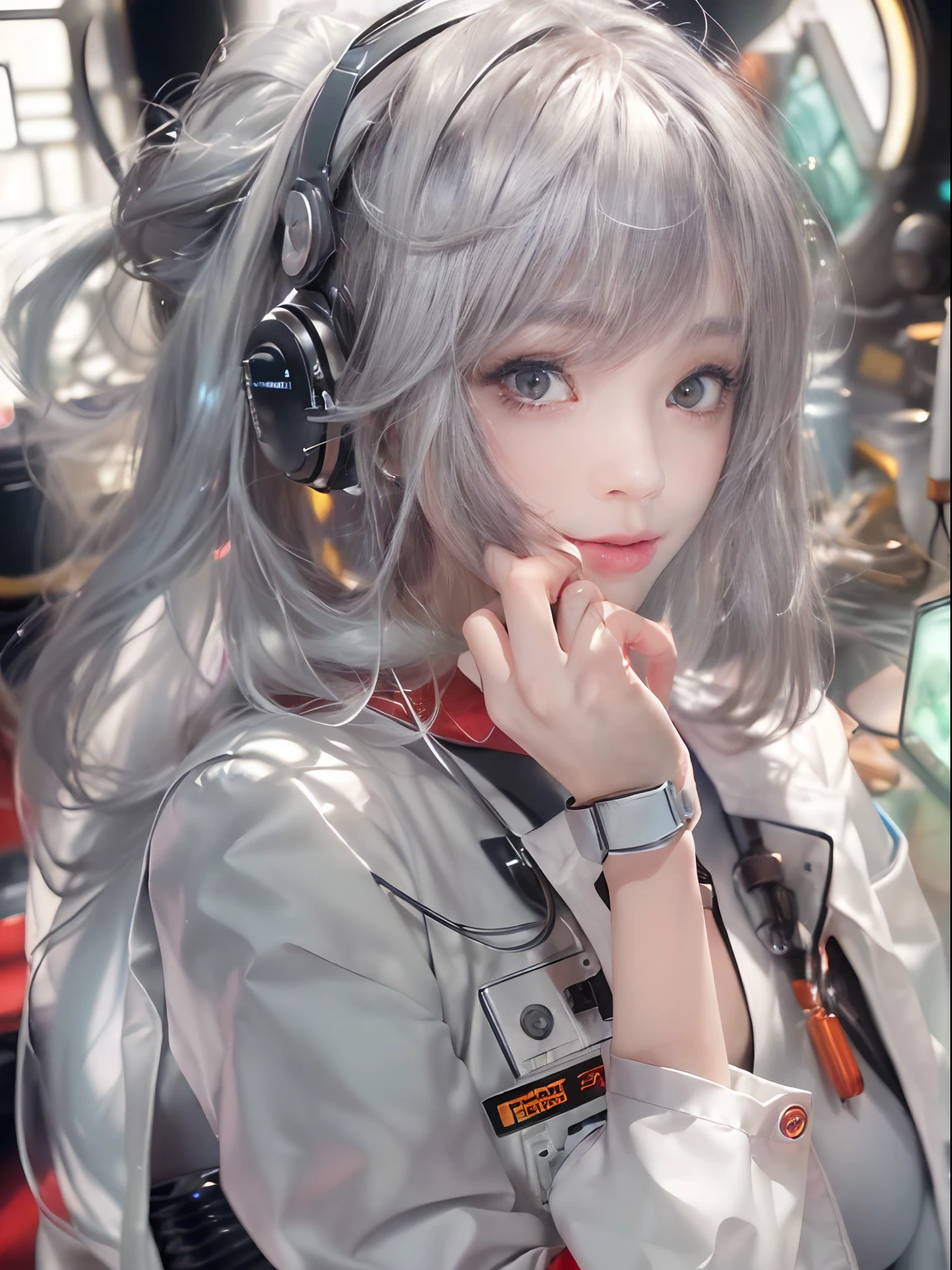 art by Cornflower, Dreamy
(Flat color, (Masterpiece:1.5), (Best quality:1.5), Amazing, Beautiful detailed, extremelydetailedwallpaper, Extremely detailed Cg Unity 8K wallpaper, Extremely delicate and beautiful, finely detailed, extremelydetailedwallpaper, fantasy, offcial art, Detailed background, (beautiful detailed shading: 1.5, Cinematic lighting, Backlight), [((Symmetrical geometry, Science fiction: 1.5, Vacuum punk: 1.5, 1960s (Style): 1.5, artistic décor), (control, nixie tubes: 1.8, makina, Silver, Metallic pigments, electrical wires, vacuum tubes, Old computer, Simple screen))::0.75], [((Solo: 1.5), (1 girl), (Teenage girl, Cute, Extremely detailed eyes and face, Clear eyes, Clear face, White medium hair, Red eyes, White lab coat: 1.5, hands in a pocket: 1.5, Black shirt: 1.5, Black trousers, view the viewer, Light smile: 1.3, Cropped torso: 1.8, mid closeup: 1.5, Waist Shot: 1.5), Depth of field): 0.25])，full bodyesbian，White stockings