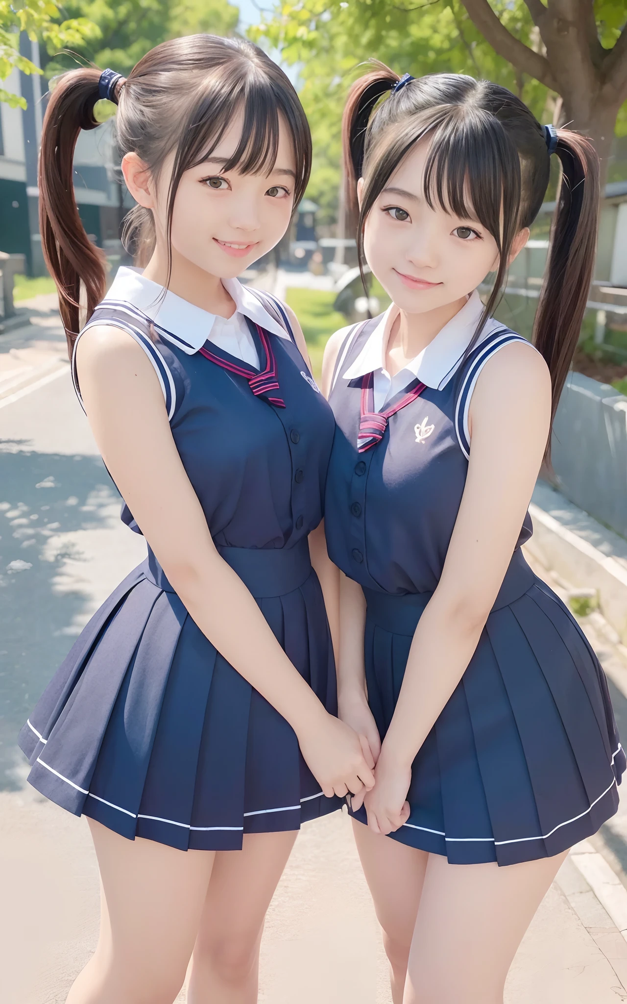 (2girls same age:1.2) , couple focus, japanese girls, adorable, yo, japanese girls, hair black hair, standing next to each other , school uniform , sleeveless sailor suit , twintails, (smile:0.7), hair Scrunchie, (high saturation:1.2), (low contrast:1.1), (high saturation:1.0), (extremely detailed skin), (best quality:1.0), (ultra highres:1.0) ,(photo realistic:1.0), (ultra detailed:1.0), (8k, RAW photo:1.1), (skirtlift:1.0)