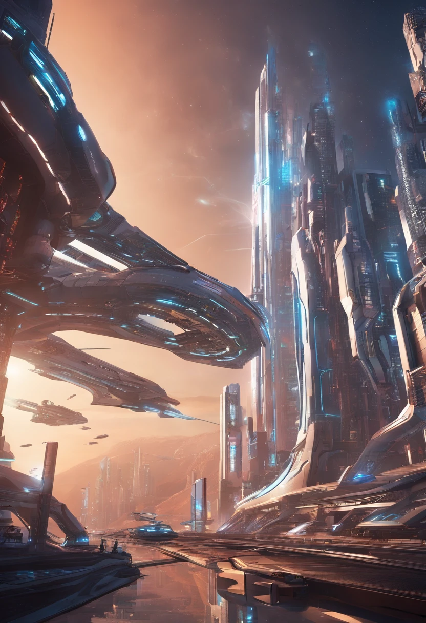 Futuristic city with futuristic train and futuristic architecture at night， future concept art， Other futuristic cities， In a fantasy sci-fi city， Beautiful futuristic city， Utopian cities of the future， Concept art 8 k resolution， concept art 8k resolution， The future city， futuristic space port， Concept Art 8 K， sci-fi hollywood concept art，Gundam Mech , Science fiction, Front view, sense of science and technology, C4D, OC renderer, illusory engine, High detail, industrial design, 8K HD, Studio light, Retro