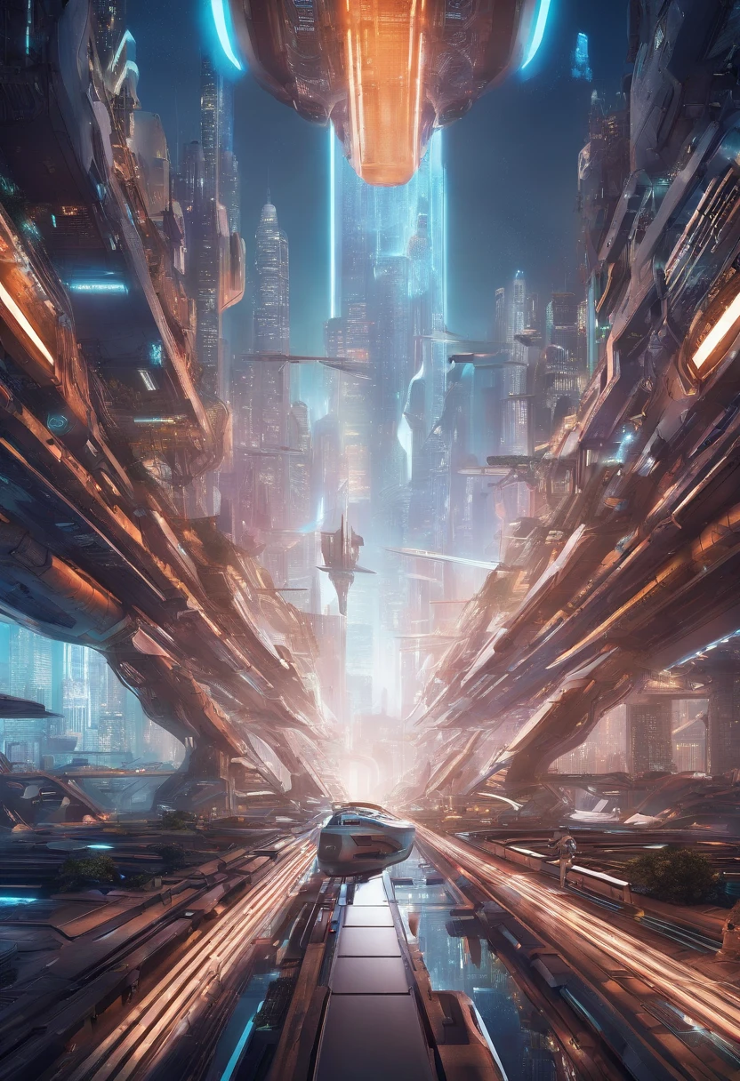 Futuristic city with futuristic train and futuristic architecture at night， future concept art， Other futuristic cities， In a fantasy sci-fi city， Beautiful futuristic city， Utopian cities of the future， Concept art 8 k resolution， concept art 8k resolution， The future city， futuristic space port， Concept Art 8 K， sci-fi hollywood concept art，Gundam Mech , Science fiction, Front view, sense of science and technology, C4D, OC renderer, illusory engine, High detail, industrial design, 8K HD, Studio light, Retro