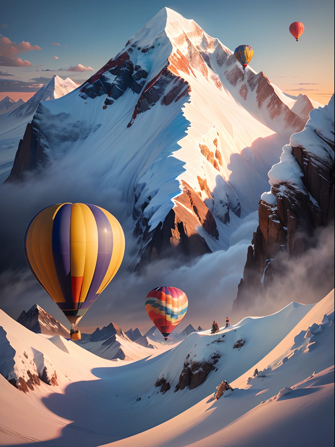 (8K, 16 k, awardwinning, Best quality, A high resolution, Super detail,ultra - detailed, Anatomically correct, masutepiece),3 colorful high-altitude hot air balloons fly over Mount Everest,In the background are rolling snow-capped mountains at sunset,Blue skies,Sunset,