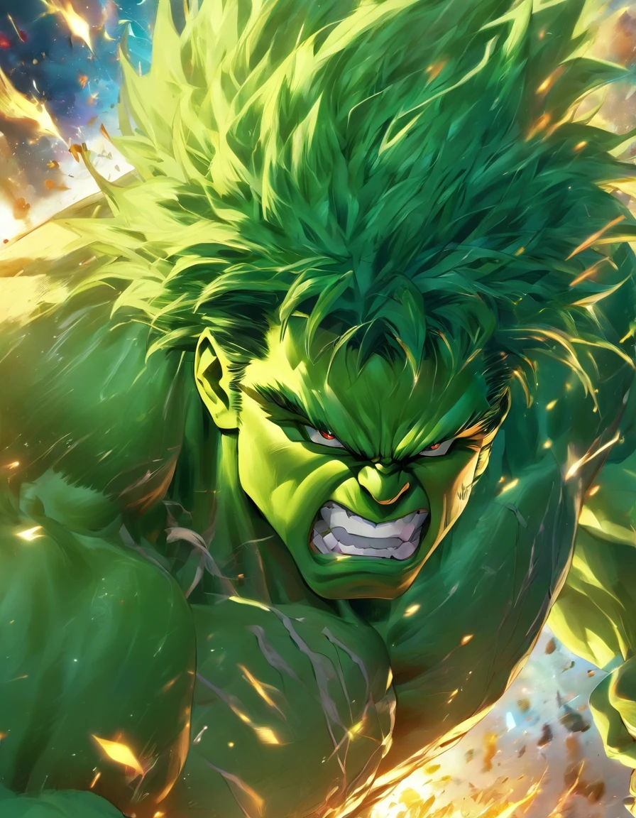 A combination of Hulk and Super Saiyan，in a panoramic view，tmasterpiece，high detal，best qualtiy，A high resolution，16k，in a panoramic view，hyper HD：： --v 5