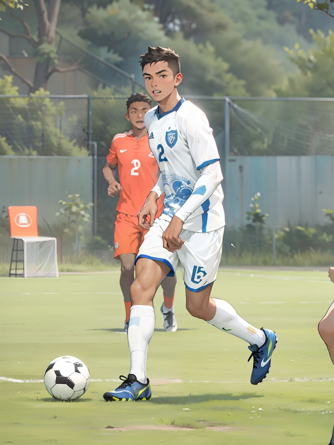 A boy is playing soccer，soccer court, ball, running