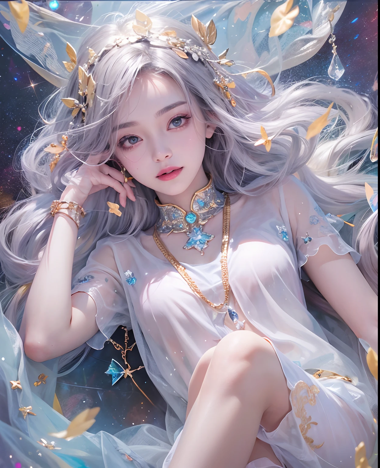 1girll,(enchanced quality:1.4),(Top quality true texture skin), Delicate face,Black hair, Gradient hair, Petite body,(perfect bodies:1.1), There are precious stones on the forehead, rimless eyewears, Sparkling pupils,long eyelasher,grin, hyper photorealism, Cinematic lighting, projected inset, surrealism, hyper HD, Masterpiece, 16k,Lie down,dream on,Wear transparent silk pajamas,Carmelto,Legs slightly open,Tattooed with,Fantasy space,Luxurious space