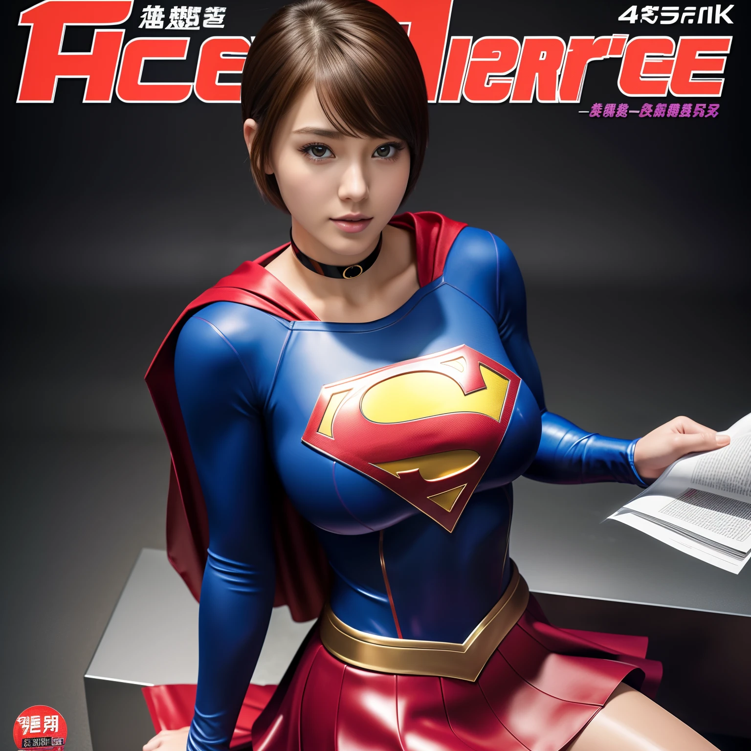 (Best Quality,4K,8K,hight resolution,masutepiece:1.2),Ultra-detailed,Realistic:1.37,Super masterpiece,Short-haired Supergirl、large full breasts、Looking at the camera、Glossy costume、a choker、Too short miniskirt、Magazine covers、Sports Papers、Seated Pose