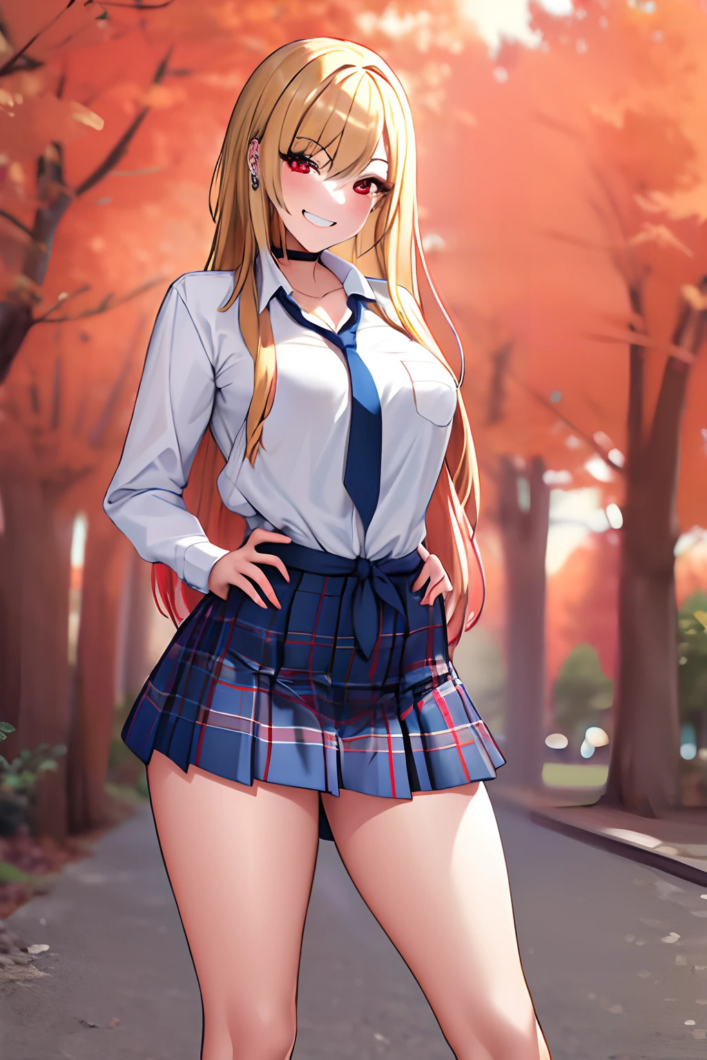 masterpiece, best quality, highres, kitagawa marin, 1girl, blonde hair, long hair, multicolored hair, red eyes, jewelry, earrings, piercing, school uniform, white shirt, tied shirt, black choker, blue necktie, plaid skirt, grin, smile, standing, cowboy shot, outdoors,