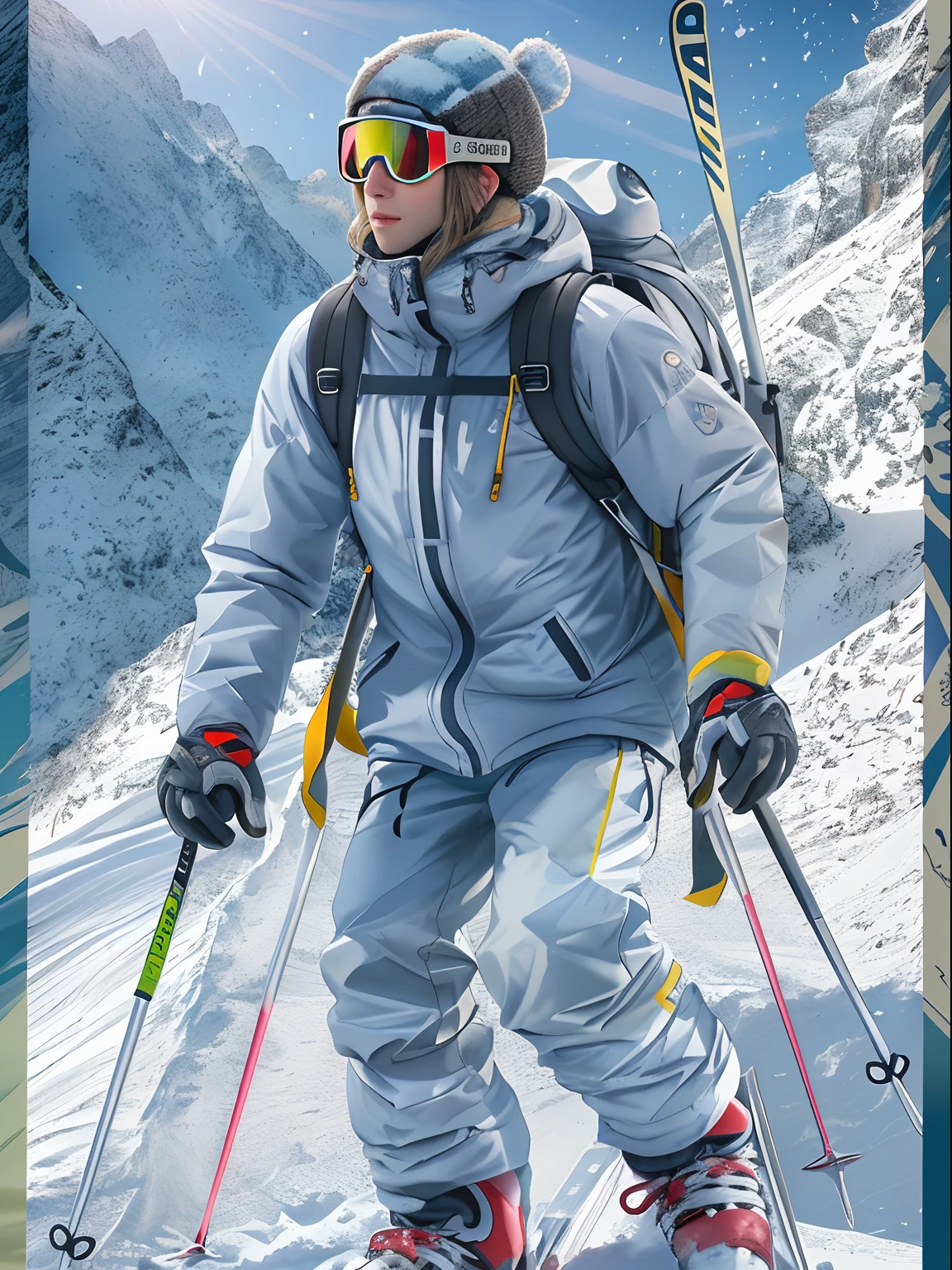 (8K, 16 k, awardwinning, Best quality, A high resolution, Super detail,ultra - detailed, Anatomically correct, masutepiece),snow mountains, A skier is well equipped,Glide down gracefully from the top of the snowy mountain, (1 man: 1.2), Backpack, Polarized glasses, ski,Thrilling,The background is the rolling snow-capped mountains under the setting sun,