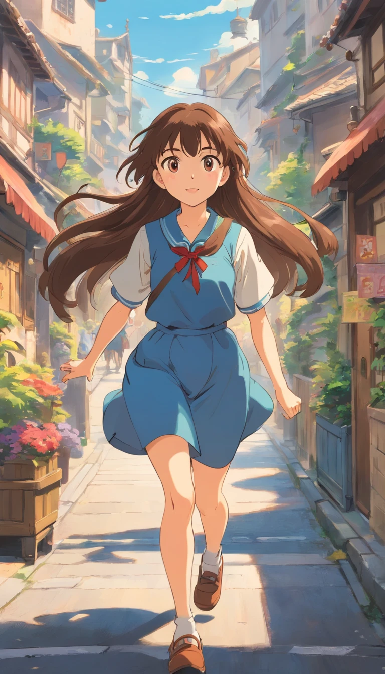 a girl with a long brown hair,with bangs,rushing in the street,sunny day, wearing decent uniform,with a little bit of people around.