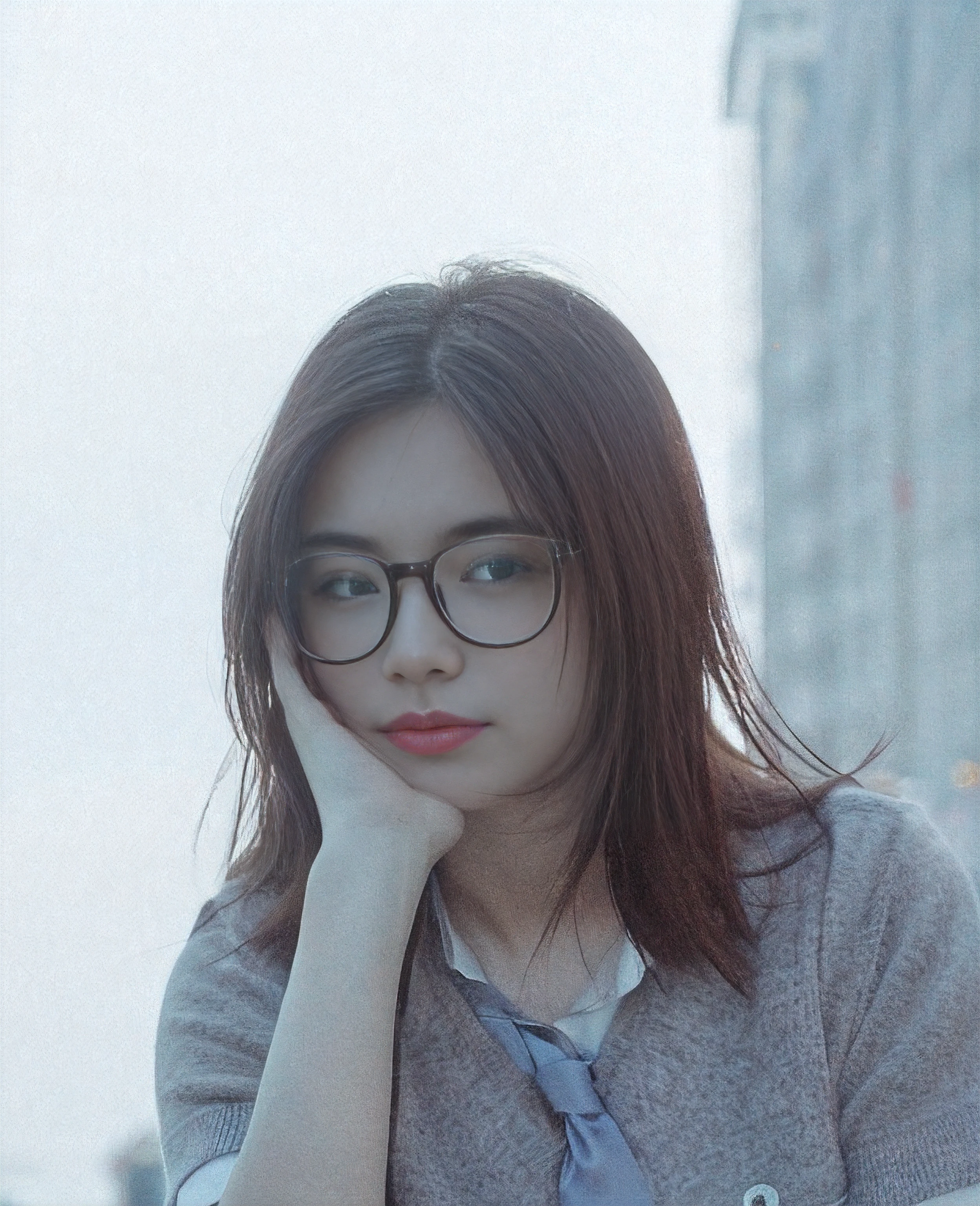 A woman wearing glasses and a tie stands in the street, 50mm portrait, Girl with glasses, a girl with round glasses, INFP young woman, 7 0 mm portrait, 60mm portrait, 3 5 mm portrait, soft light from the side, dslr 5 0 mm portrait photo, shot at golden hour,largeeyes,