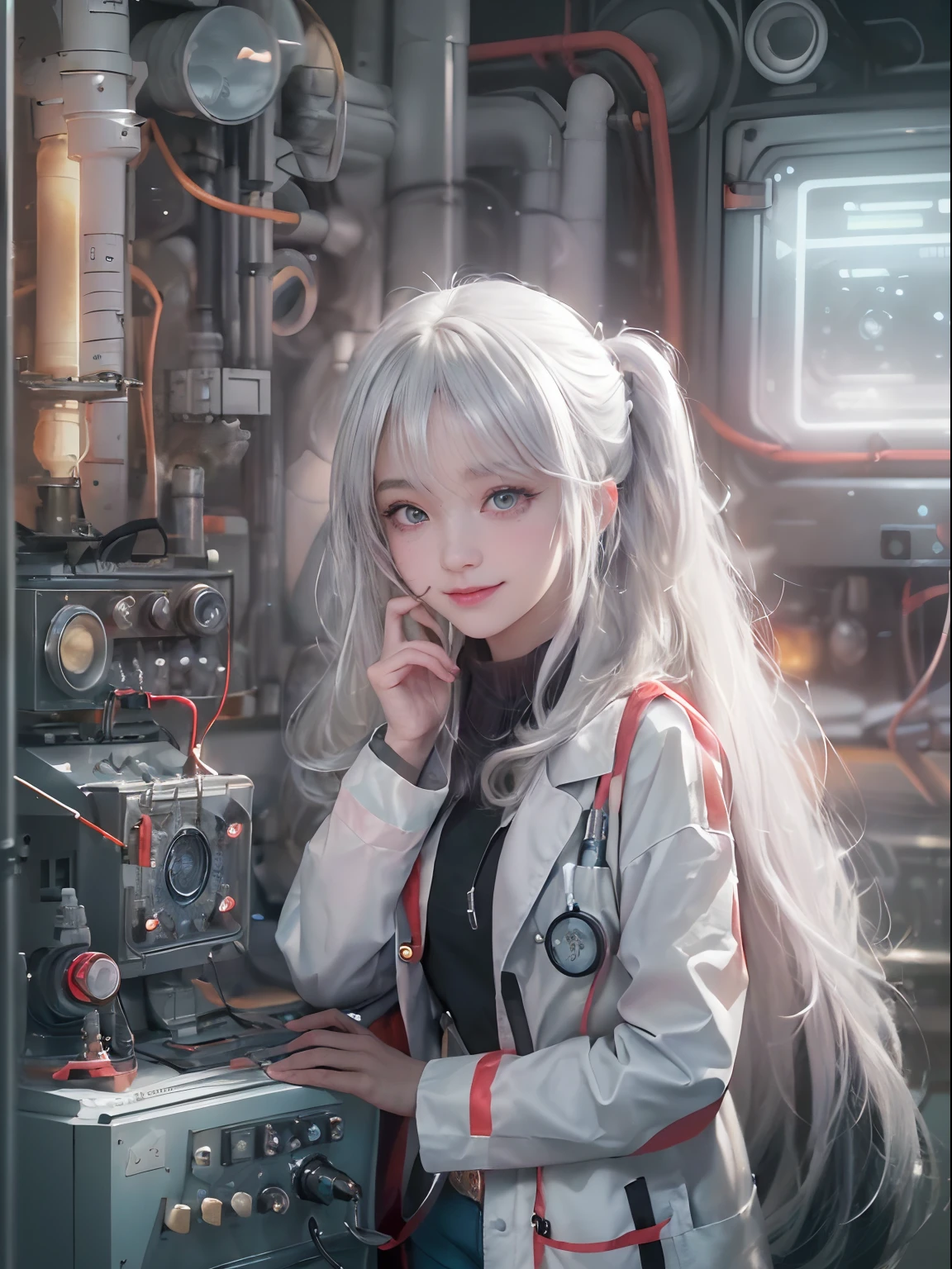 art by Cornflower, Dreamy
(Flat color, (Masterpiece:1.5), (Best quality:1.5), Amazing, Beautiful detailed, extremelydetailedwallpaper, Extremely detailed Cg Unity 8K wallpaper, Extremely delicate and beautiful, finely detailed, extremelydetailedwallpaper, fantasy, offcial art, Detailed background, (beautiful detailed shading: 1.5, Cinematic lighting, Backlight), [((Symmetrical geometry, Science fiction: 1.5, Vacuum punk: 1.5, 1960s (Style): 1.5, artistic décor), (control, nixie tubes: 1.8, makina, Silver, Metallic pigments, electrical wires, vacuum tubes, Old computer, Simple screen))::0.75], [((Solo: 1.5), (1 girl), (age girl, Cute, Extremely detailed eyes and face, Clear eyes, Clear face, White medium hair, Red eyes, White lab coat: 1.5, hands in a pocket: 1.5, Black shirt: 1.5, Black trousers, view the viewer, Light smile: 1.3, Cropped torso: 1.8, mid closeup: 1.5, Waist Shot: 1.5), Depth of field): 0.25])，full bodyesbian，White stockings