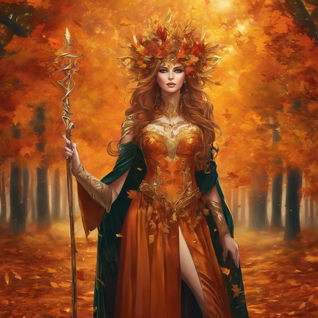 The prompt for "witch queen of autumn, goddess, golden leaves" could be:
"(best quality,4k,8k,highres,masterpiece:1.2),ultra-detailed,(realistic,photorealistic,photo-realistic:1.37),witch queen of autumn,dark enchantress with majestic golden crown,mesmerizing green eyes,flowing auburn hair,elaborate flowing gown in shades of orange,red and gold,holding a mystical staff adorned with autumn leaves,standing in a magical forest surrounded by golden leaves,autumn leaves swirling around her,creating an aura of power and mystery,goddess-like presence,autumn light casting a golden glow on everything,soft rays of sunlight filtering through the leaves,creating a magical atmosphere"