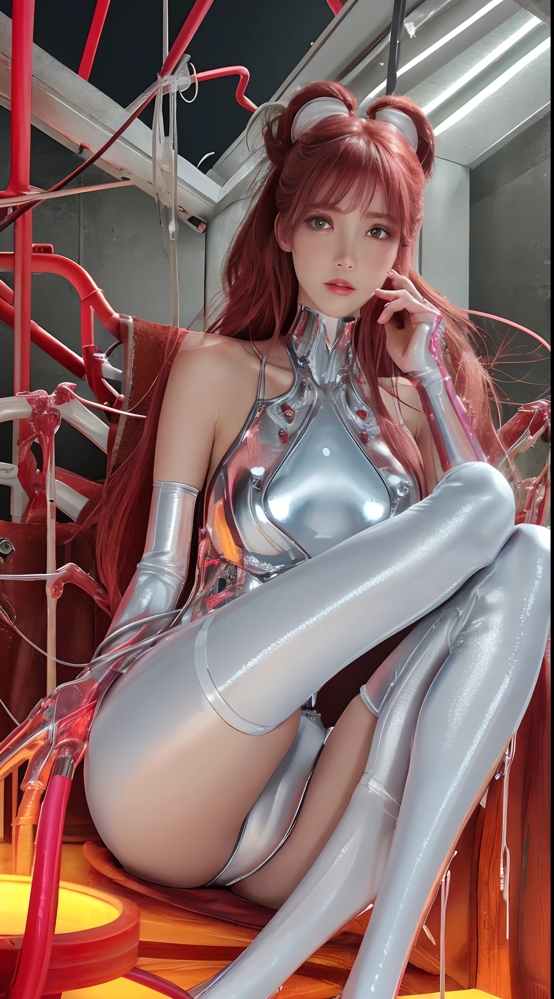 Full body like,1机械女孩,((hyper realistic detailed)),sportrait,globalillumination,shadowing,rendering by octane,8K,Super sharp,metals,复杂,Decorations detailed,cool colours,egypician detail,highly intricate detail,realistic raytraicing,CGSociety trends,glowing light eyes,facing at the camera,neon light detail,Mechanical limbs,blood vessels attached to the tube,A mechanical vertebrae attached to the back,Mechanical cervical connection of the neck,sitted,wires and cables connecting to head,(RAW photo:1.2),camel-toe,Hollow-out on,sweat leggs,White liquid, Smooth pink skin, shiny metallic glossy skin, Shiny,spread their legs,M-shaped legs,angry look,sullenness,Irritated,white liquid all over body,Full body like
