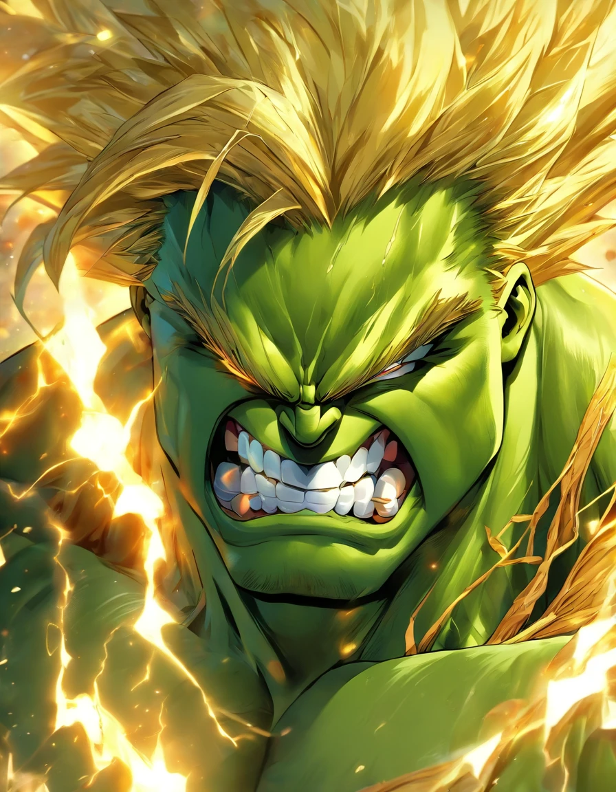 A combination of Hulk and Super Saiyan，Close-up Shot Shot，tmasterpiece，high detal，best qualtiy，A high resolution，16k，in a panoramic view，hyper HD：： --v 5