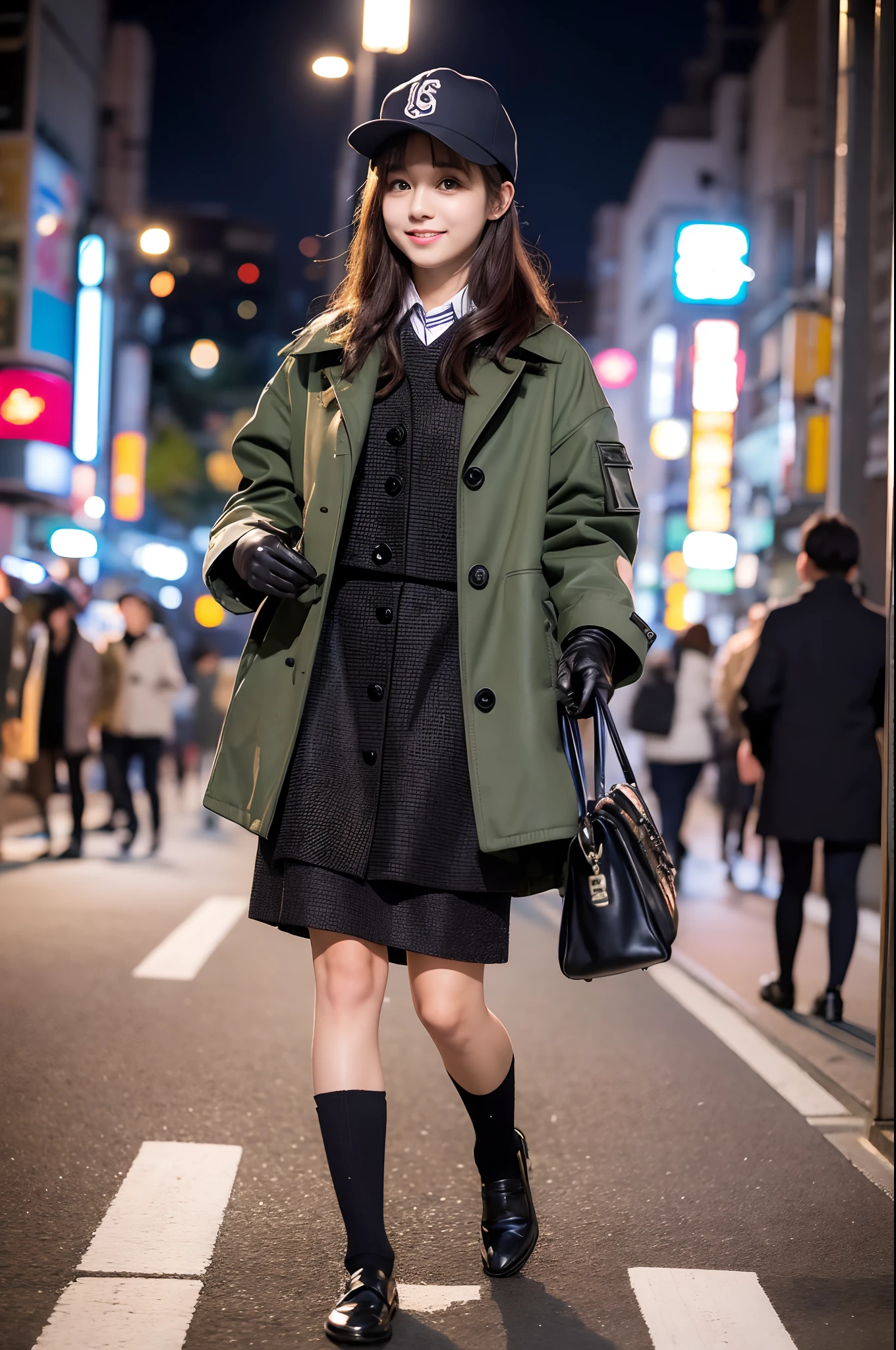full body Esbian,a picture,Baseball Cap,Five Fingers,Black leather gloves,Perfect Anatomy,Ultra detailed eyes,masutepiece,a Japanese cute girl,Long-sleeved uniforms,Wear a P coat,Carrying a bag,lowfers,,street snap,illumination,mid night,Bokeh,Black short socks,Bangs,in Tokyo,Winters
