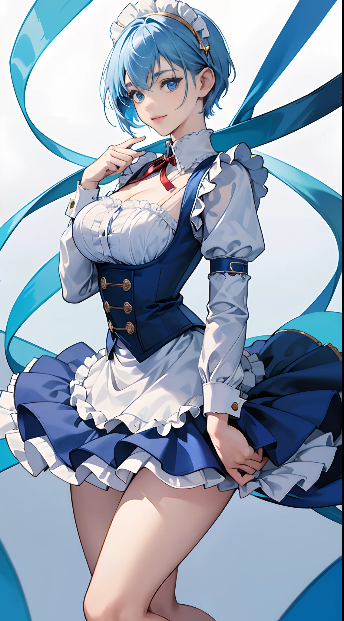 (Best Quality,4K,High resolution),Blue Maid Clothes,long-sleeve,Colossal tits,White and blue color scheme,long frilled skirt,maid apronl,Large red ribbon on the collar,Gold medal decoration,Delicately drawn illustrations,Vivid color scheme,colourfull,Detailed body,realistic representation,charicature,Neat gestures,facing the front there,Neat and clean figure,Posture,a 20 yo woman,Beautie,Maids,Blue Maid Clothes,blue hairs,short-hair,Very short,The hair on the side is bouncing,kindly smile,blue eyess,adult lady,Delicately expressing realistic illustrations