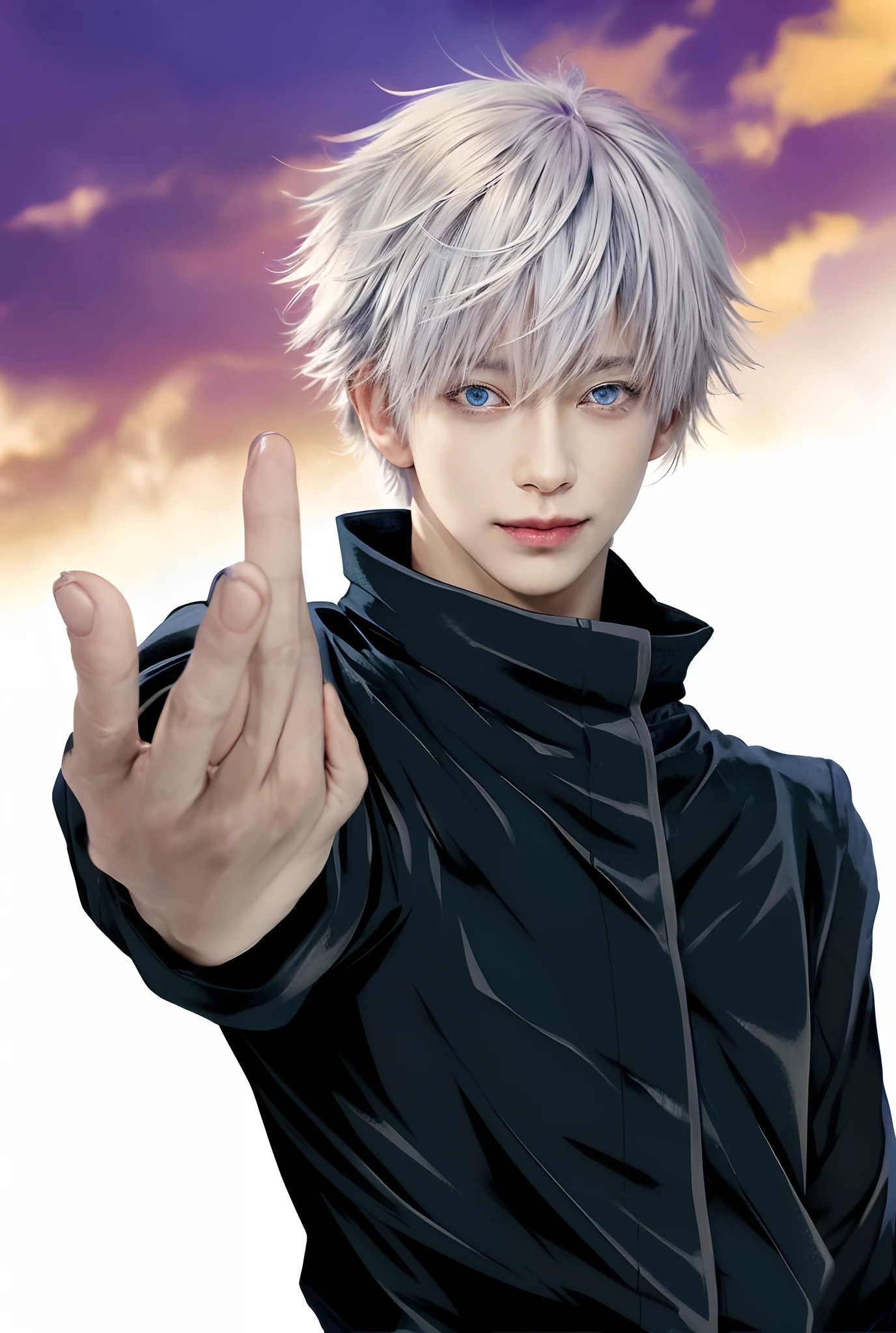1man, gojo satoru in anime jujutsu kaisen, short hair , white hair, blue ligth eyes, handsome, smile, purple clothes, realistic clothes, detail clothes, city background, ultra detail, realistic