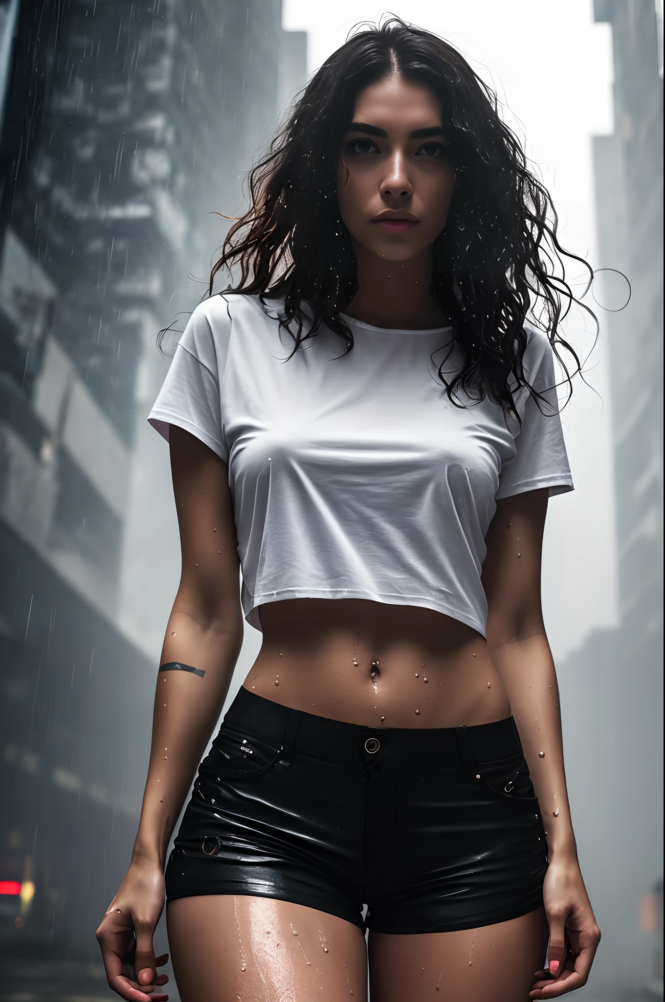 gorgeous woman with wavy hair, detailed alluring eyes, long gap between thighs, sexy legs in tiny shorts, t-shirt in beautiful cyberpunk+ futuristic city, fog, wet, rain, top notch masterpiece, photorealistic, detailed, 8k, HDR, shallow depth of field, wide light, high contrast, backlight, color light, color backlight, color sparks of light, chromatic aberration, sharp focus, RAW color photography