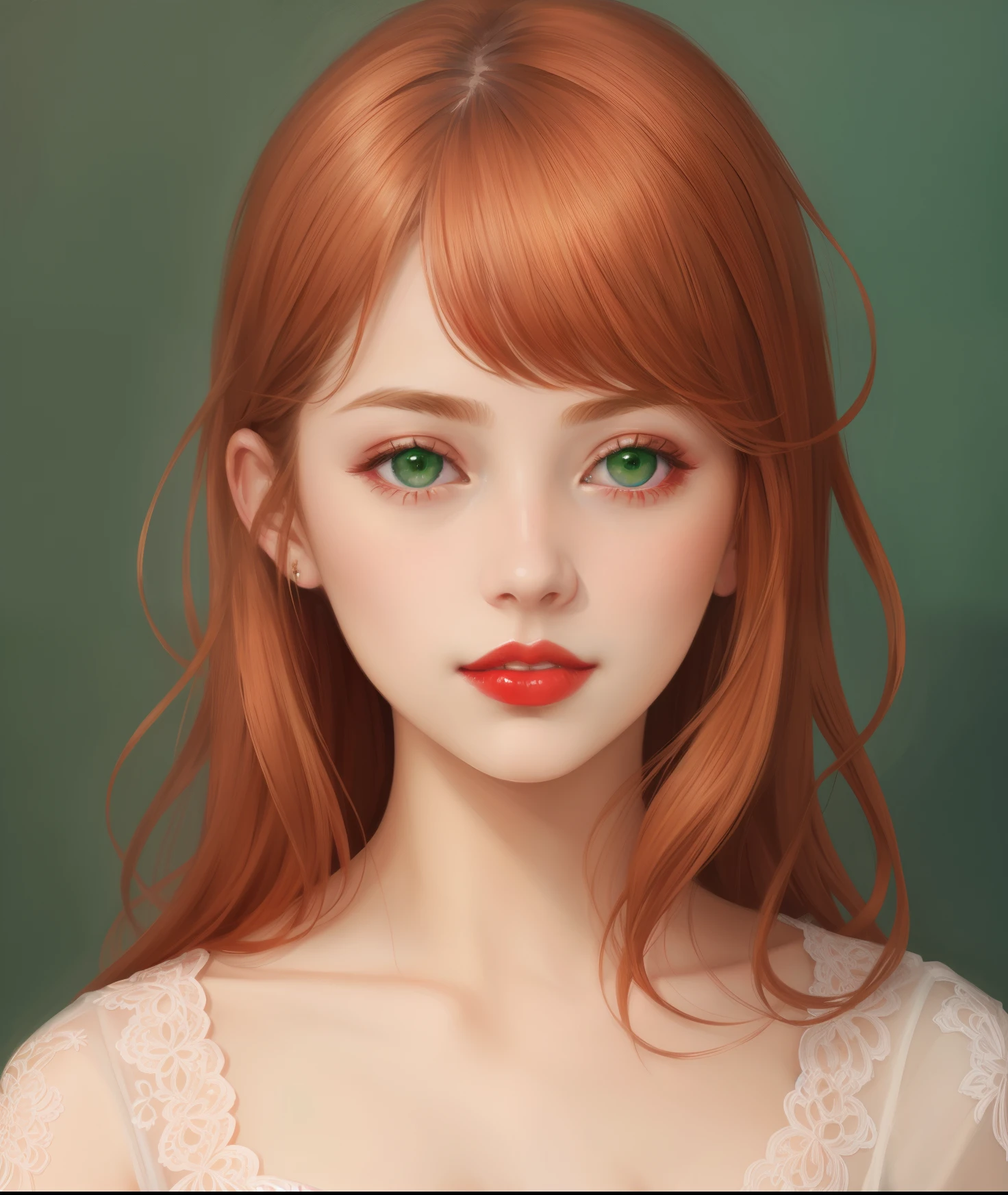 portrait of a beautiful teenager, small breasts, intricate dress, soft smile, red lips, ginger hair, green eyes, realism, digital painting, concept art, smooth, sharp focus, rule of thirds, Style-Psycho