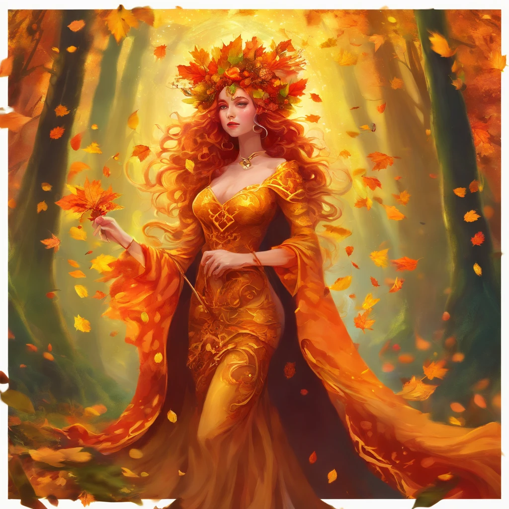 The prompt for "witch queen of autumn, goddess, golden leaves" could be:
"(best quality,4k,8k,highres,masterpiece:1.2),ultra-detailed,(realistic,photorealistic,photo-realistic:1.37),witch queen of autumn,dark enchantress with majestic golden crown,mesmerizing green eyes,flowing auburn hair,elaborate flowing gown in shades of orange,red and gold,holding a mystical staff adorned with autumn leaves,standing in a magical forest surrounded by golden leaves,autumn leaves swirling around her,creating an aura of power and mystery,goddess-like presence,autumn light casting a golden glow on everything,soft rays of sunlight filtering through the leaves,creating a magical atmosphere"