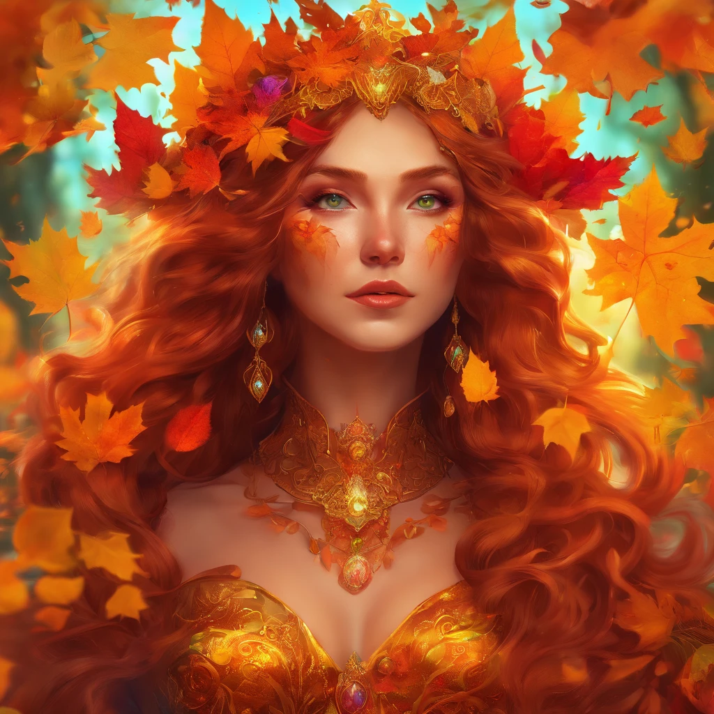 The prompt for "witch queen of autumn, goddess, golden leaves" could be:
"(best quality,4k,8k,highres,masterpiece:1.2),ultra-detailed,(realistic,photorealistic,photo-realistic:1.37),witch queen of autumn,dark enchantress with majestic golden crown,mesmerizing green eyes,flowing auburn hair,elaborate flowing gown in shades of orange,red and gold,holding a mystical staff adorned with autumn leaves,standing in a magical forest surrounded by golden leaves,autumn leaves swirling around her,creating an aura of power and mystery,goddess-like presence,autumn light casting a golden glow on everything,soft rays of sunlight filtering through the leaves,creating a magical atmosphere"