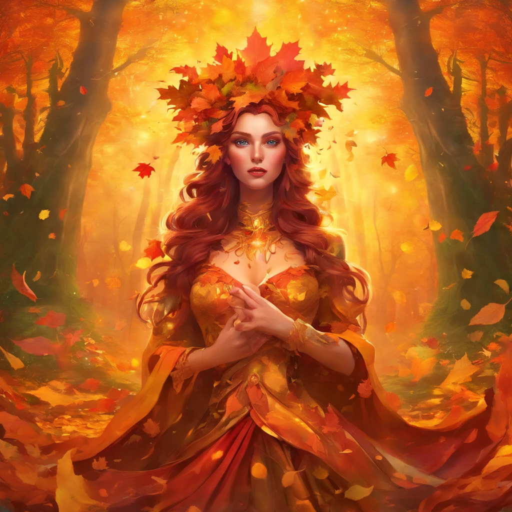 The prompt for "witch queen of autumn, goddess, golden leaves" could be:
"(best quality,4k,8k,highres,masterpiece:1.2),ultra-detailed,(realistic,photorealistic,photo-realistic:1.37),witch queen of autumn,dark enchantress with majestic golden crown,mesmerizing green eyes,flowing auburn hair,elaborate flowing gown in shades of orange,red and gold,holding a mystical staff adorned with autumn leaves,standing in a magical forest surrounded by golden leaves,autumn leaves swirling around her,creating an aura of power and mystery,goddess-like presence,autumn light casting a golden glow on everything,soft rays of sunlight filtering through the leaves,creating a magical atmosphere"