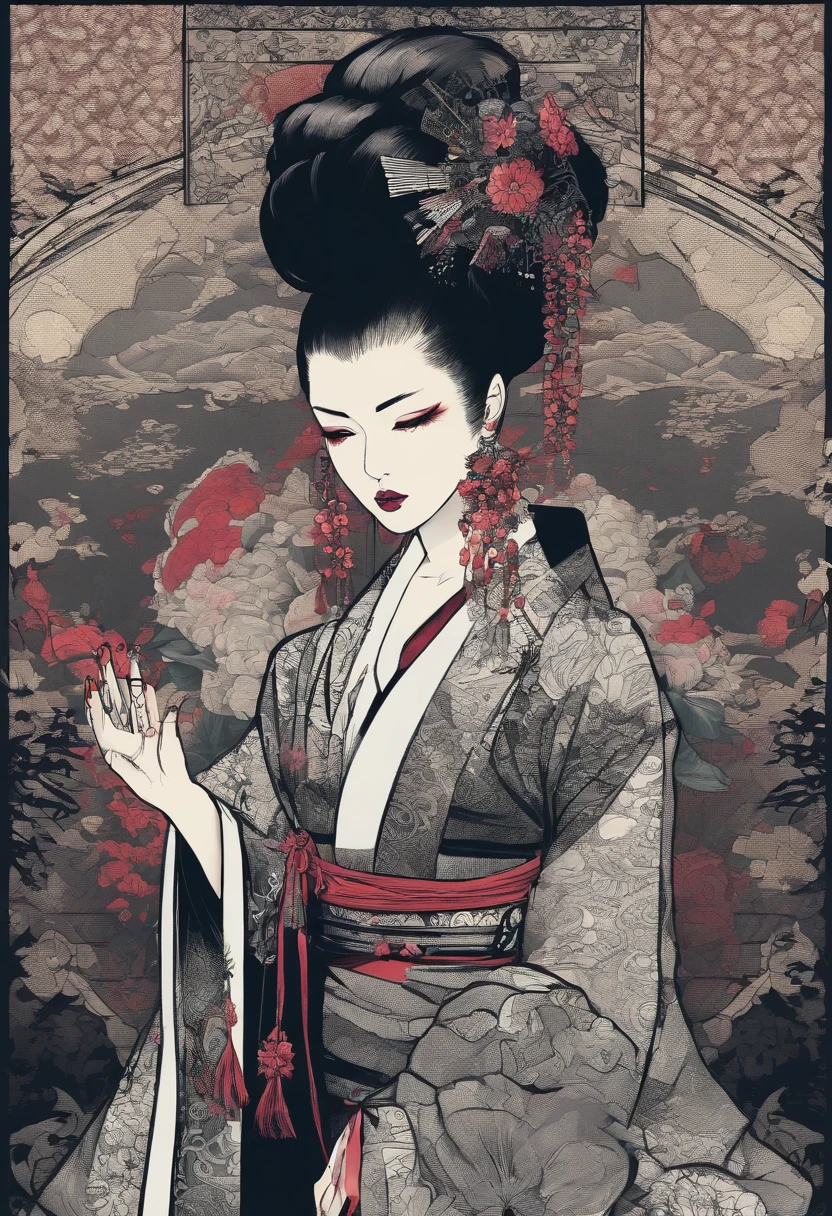 traditional japanese geisha skinhead, hairpunk, fashion shoot editorial style, Hypebeast ultra fast fashion gang signs