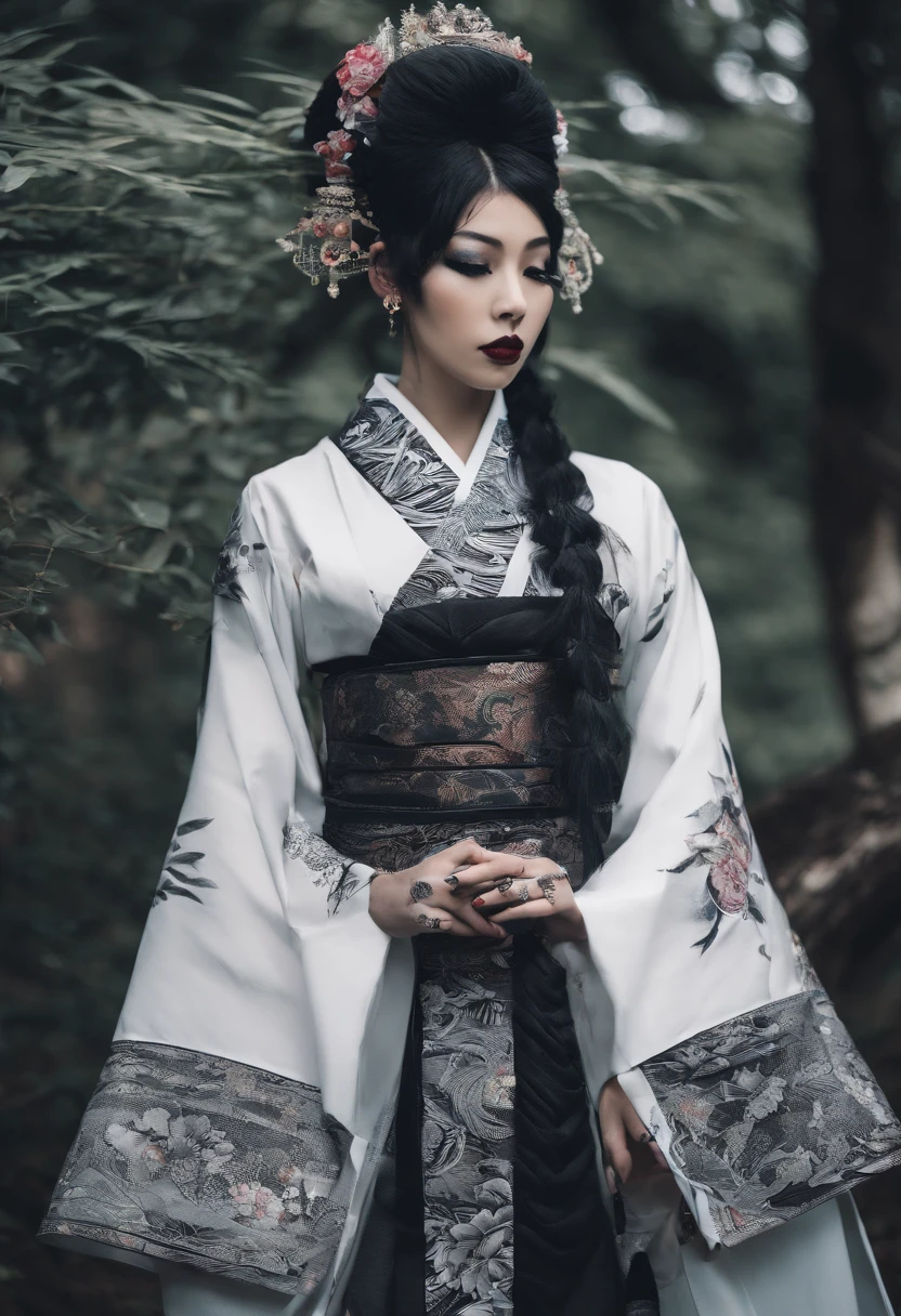 traditional japanese geisha skinhead, hairpunk, fashion shoot editorial style, Hypebeast ultra fast fashion gang signs
