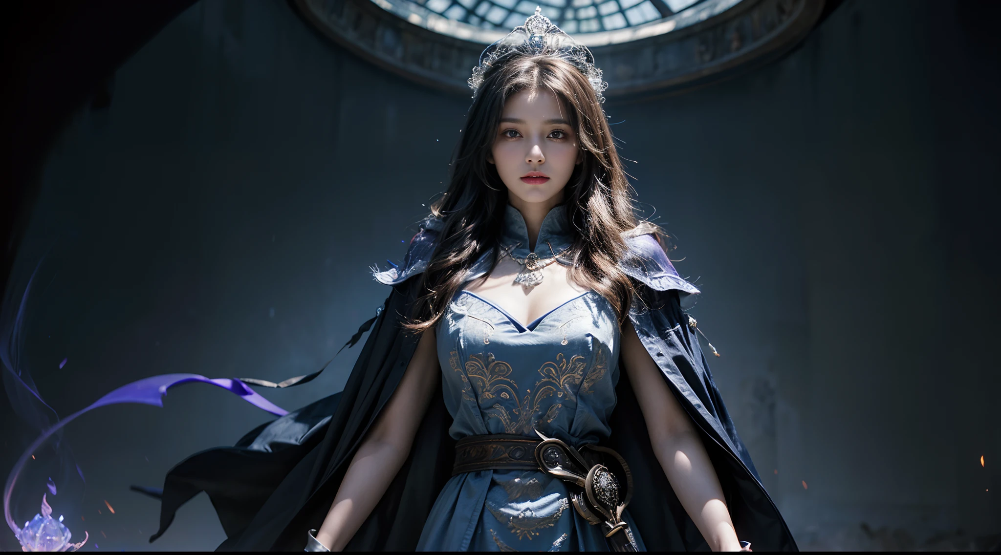 tmasterpiece,top-quality,best qualityer,((photorealestic:1.9)),(femele:1.4),(Large breasts),female mage,Mage robes,complex patterns,The background is the castle,dramatics,(magia:1.8),(Glowing scepter:1.5),Mysterious symbol