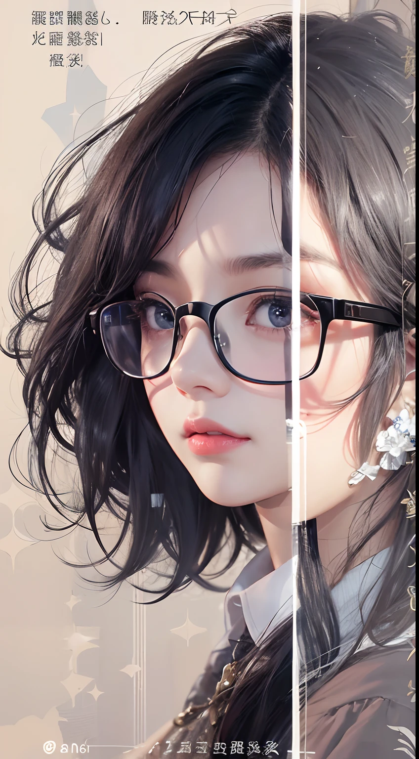 Author of the novel,Jet black hair,Wear glasses for myopia,The face is delicate,Slightly tired eyes,with fair skin