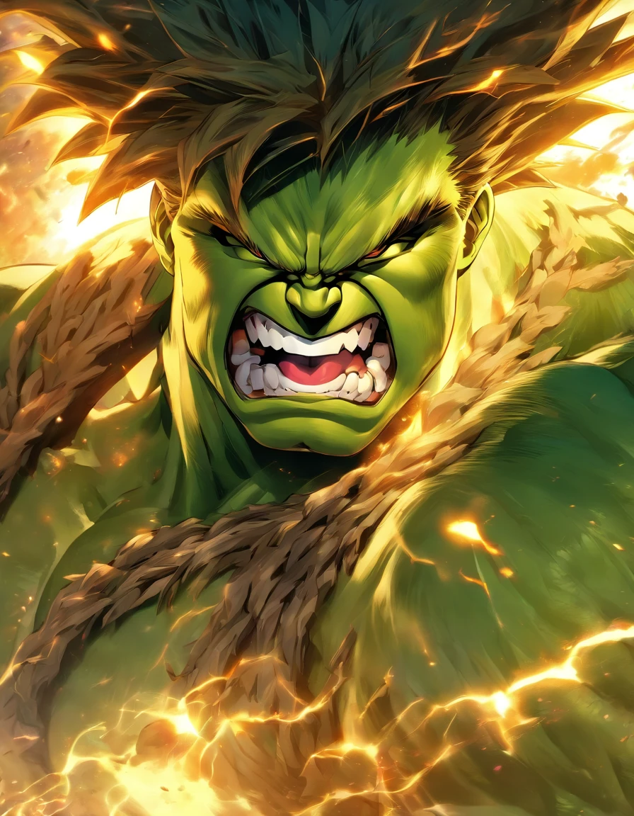 Full body view of the combination of Hulk and Super Saiyan,wide wide shot,tmasterpiece,high detal,best qualtiy,A high resolution,16k,in a panoramic view,hyper HD:: --v 5