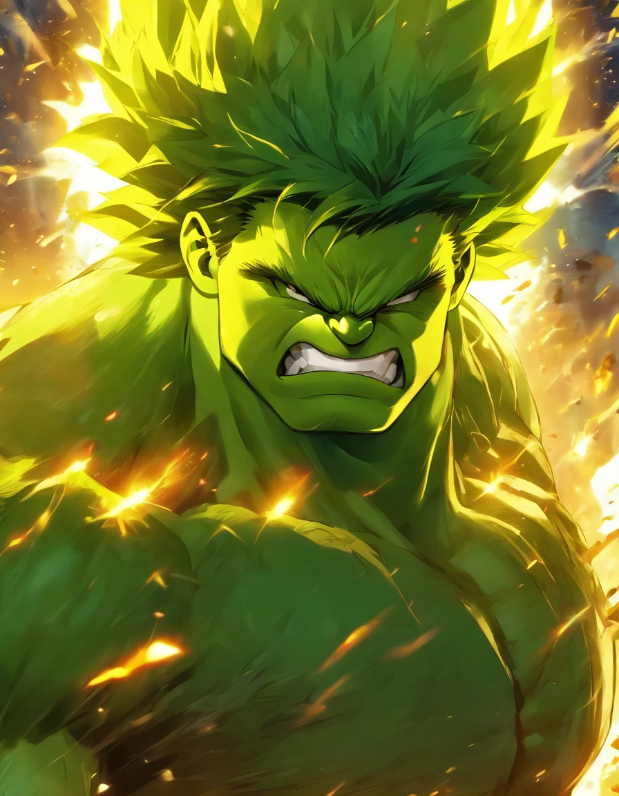 Full body view of the combination of Hulk and Super Saiyan，wide wide shot，tmasterpiece，high detal，best qualtiy，A high resolution，16k，in a panoramic view，hyper HD：： --v 5