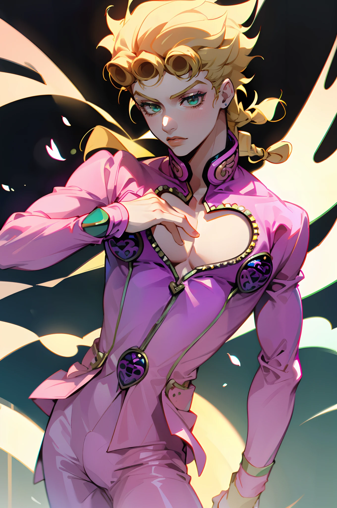 Giorno Giovanna, solo, green eyes, blonde hair, 1boy, braid, male focus, clothing cutout, cleavage cutout, pectorals, (pink suit), cowboy shot