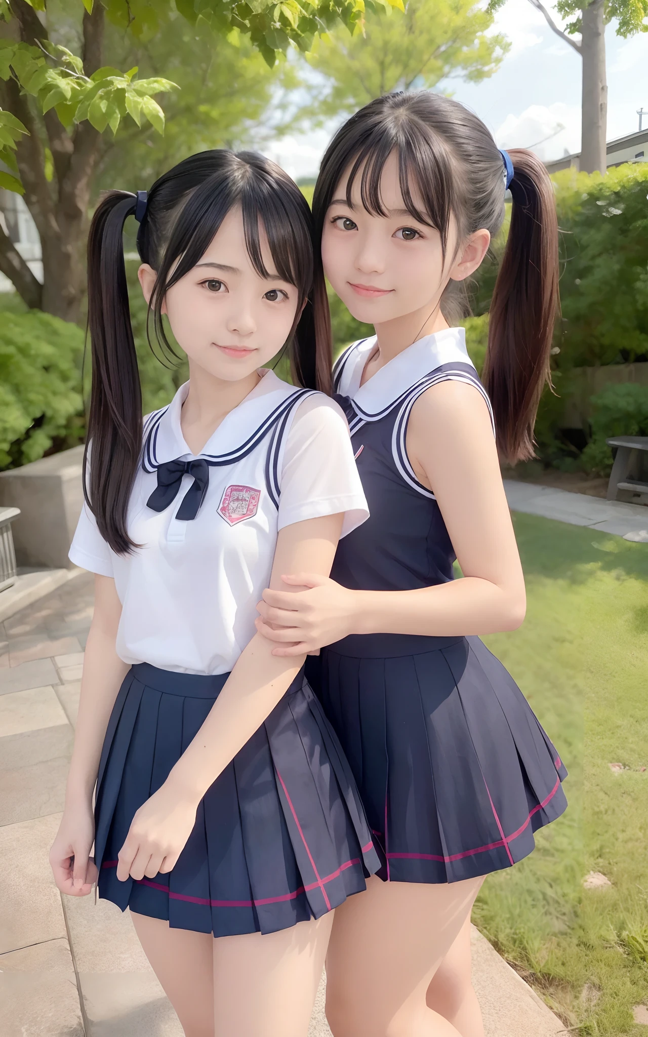 (2girls same age:1.2) , couple focus, japanese girls, adorable, yo, japanese girls, hair black hair, standing next to each other , school uniform , sleeveless sailor suit , twintails, (smile:0.7), hair Scrunchie, (high saturation:1.2), (low contrast:1.1), (high saturation:1.0), (extremely detailed skin), (best quality:1.0), (ultra highres:1.0) ,(photo realistic:1.0), (ultra detailed:1.0), (8k, RAW photo:1.1), (skirtlift:1.0)