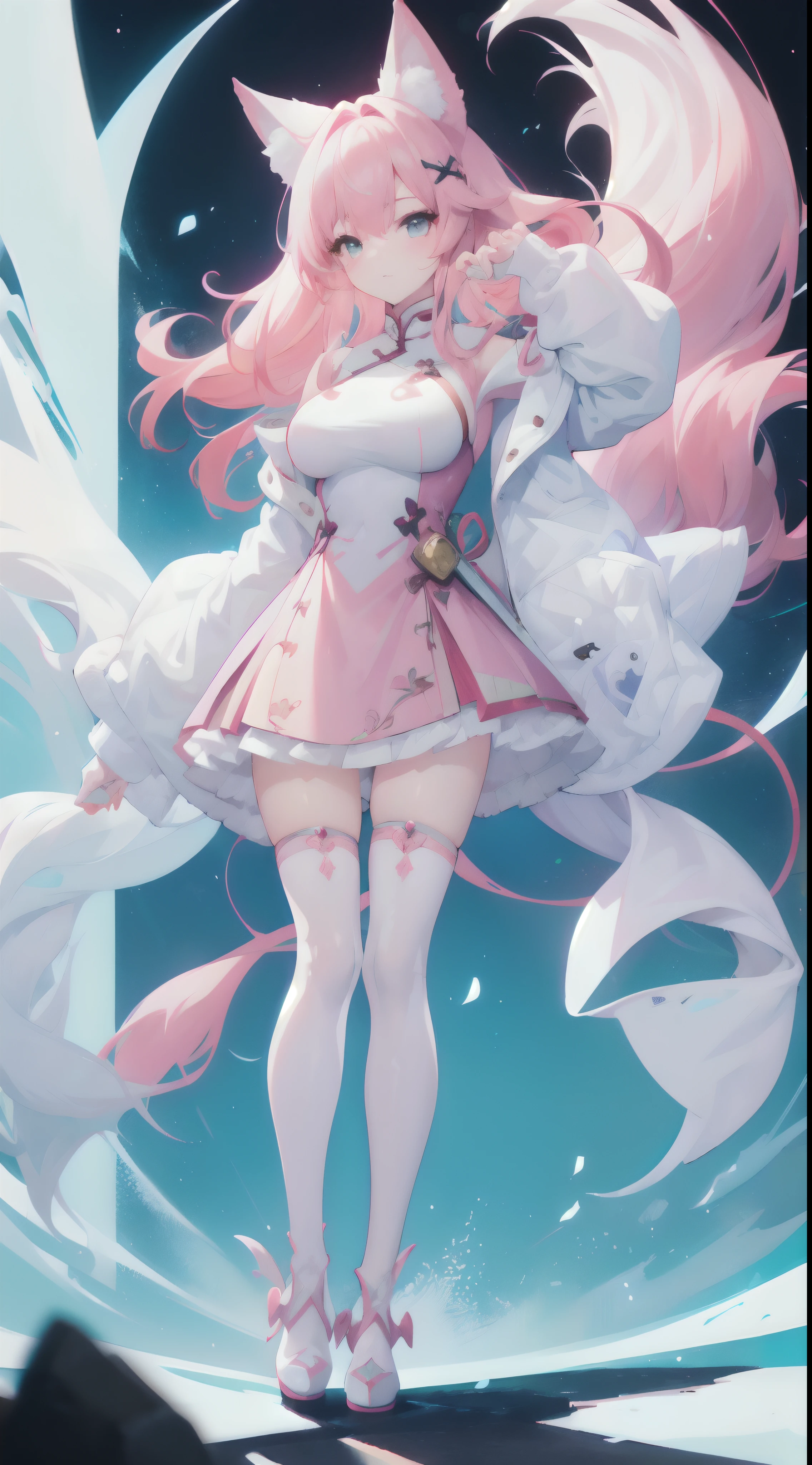 (A girl with) Big furry tail, (Long) Pink hair, Wearing a (Blue) high slit cheongsam, White stockings, kneehigh boots, Standing posture, Full body shot, There was a big white fox behind him, Detailed, anime big breast, High definition, (Pink), (Blue), Front view