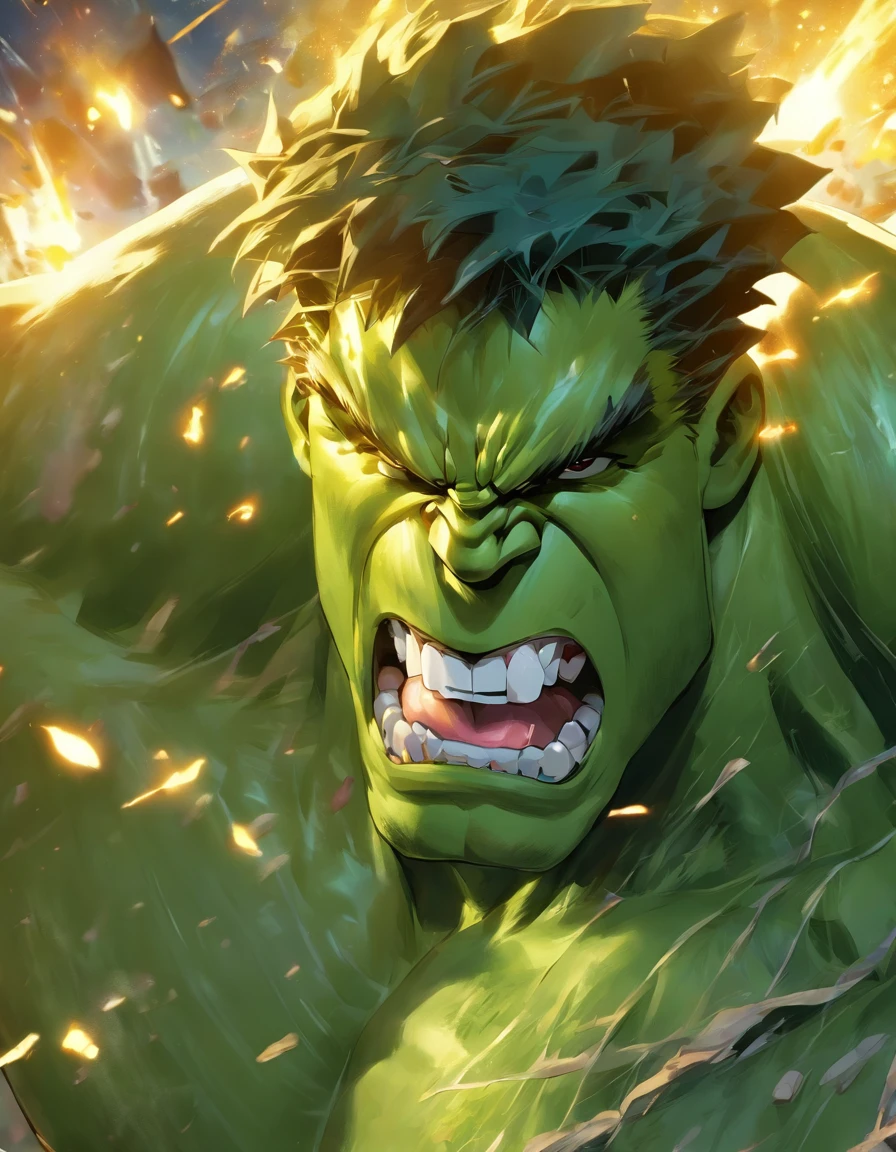 "Hulk smashing through shimmering crystal with incredible strength and force."