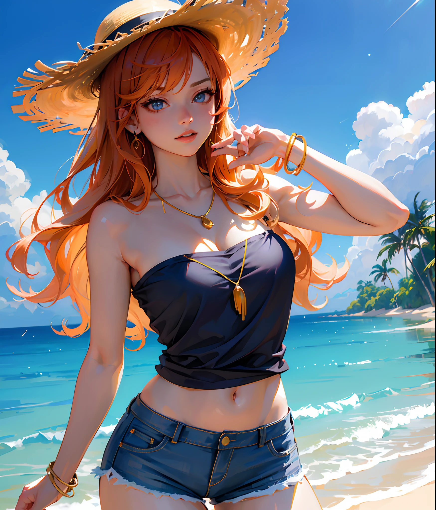 (best quality,4k,8k,highres,masterpiece:1.2),ultra-detailed,(realistic,photorealistic,photo-realistic:1.37),Cute and beautiful and gorgeous Nami from One Piece,portraits,female character,anime,beautiful detailed eyes,beautiful detailed lips,extremely detailed eyes and face,long eyelashe,gorgeous smile,long orange hair,curly hair style,stylish straw hat,navy blue strapless top with a white symbol,exquisite gold necklace,blue jean shorts,navigational log pose in her hand,fierce expression,playful pose,standing on a sunny tropical beach with palm trees and clear blue sky,white sand and crystal clear turquoise water,sparkling sunlight,soft and warm sunlight,refreshing ocean breeze,vibrant and saturated colors,anime-style shading,soft and gentle lighting.