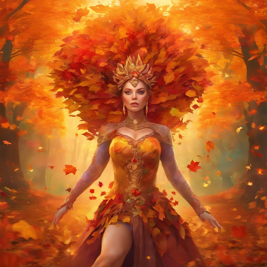 The prompt for "witch queen of autumn, goddess, golden leaves" could be:
"(best quality,4k,8k,highres,masterpiece:1.2),ultra-detailed,(realistic,photorealistic,photo-realistic:1.37),witch queen of autumn,dark enchantress with majestic golden crown,mesmerizing green eyes,flowing auburn hair,elaborate flowing gown in shades of orange,red and gold,holding a mystical staff adorned with autumn leaves,standing in a magical forest surrounded by golden leaves,autumn leaves swirling around her,creating an aura of power and mystery,goddess-like presence,autumn light casting a golden glow on everything,soft rays of sunlight filtering through the leaves,creating a magical atmosphere"