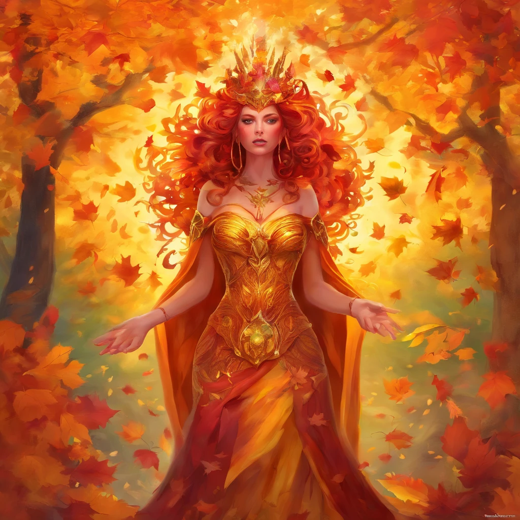 The prompt for "witch queen of autumn, goddess, golden leaves" could be:
"(best quality,4k,8k,highres,masterpiece:1.2),ultra-detailed,(realistic,photorealistic,photo-realistic:1.37),witch queen of autumn,dark enchantress with majestic golden crown,mesmerizing green eyes,flowing auburn hair,elaborate flowing gown in shades of orange,red and gold,holding a mystical staff adorned with autumn leaves,standing in a magical forest surrounded by golden leaves,autumn leaves swirling around her,creating an aura of power and mystery,goddess-like presence,autumn light casting a golden glow on everything,soft rays of sunlight filtering through the leaves,creating a magical atmosphere"