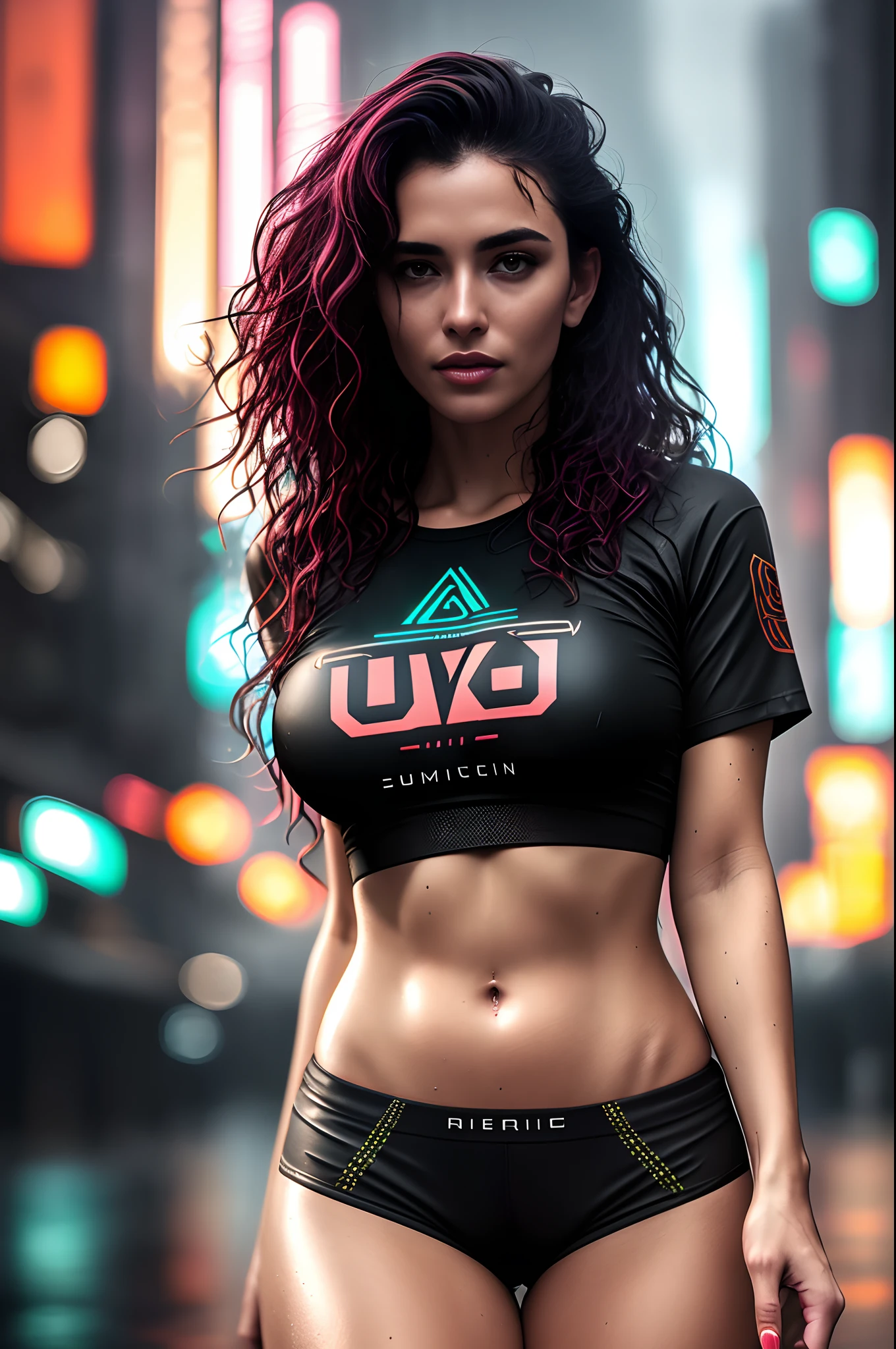 gorgeous woman with wavy hair, detailed alluring eyes, long gap between thighs, sexy legs in tiny shorts, t-shirt in beautiful cyberpunk+ futuristic city, fog, wet, rain, top notch masterpiece, photorealistic, detailed, 8k, HDR, shallow depth of field, wide light, high contrast, backlight, color light, color backlight, color sparks of light, chromatic aberration, sharp focus, RAW color photography